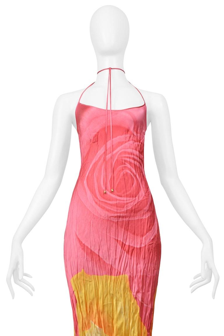 Orange Roberto Cavalli Pink & Yellow Rose Print Crinkle Dress 2000