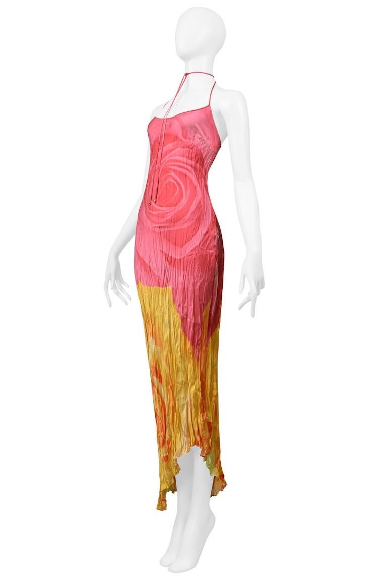 Roberto Cavalli Pink & Yellow Rose Print Crinkle Dress 2000 In Excellent Condition In Los Angeles, CA