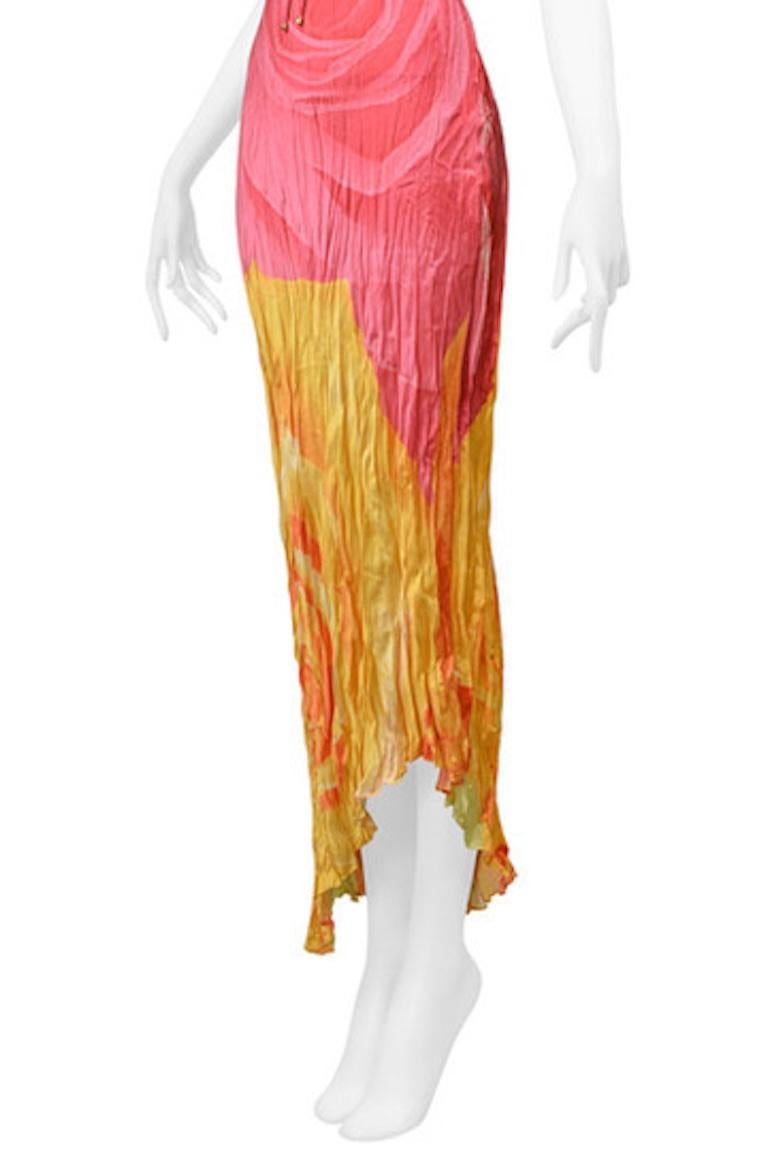 Women's or Men's Roberto Cavalli Pink & Yellow Rose Print Crinkle Dress 2000