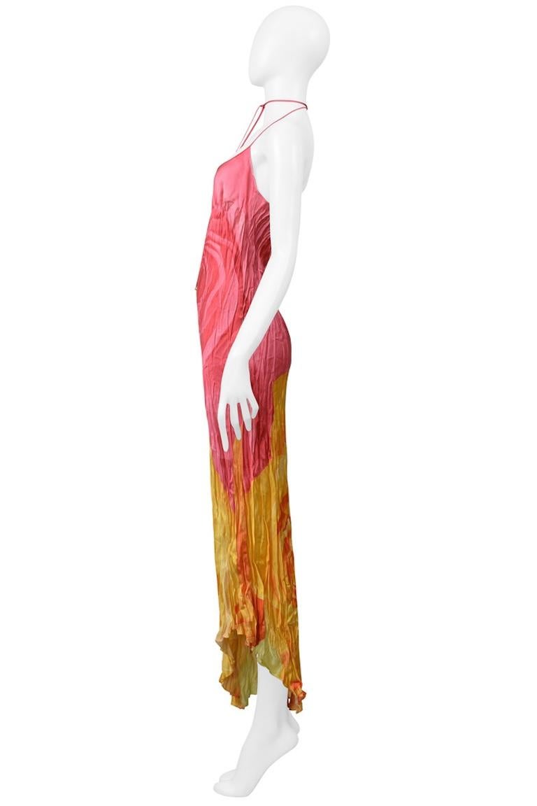 Roberto Cavalli Pink & Yellow Rose Print Crinkle Dress 2000 1