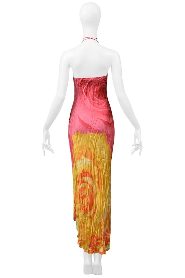 Roberto Cavalli Pink & Yellow Rose Print Crinkle Dress 2000 2