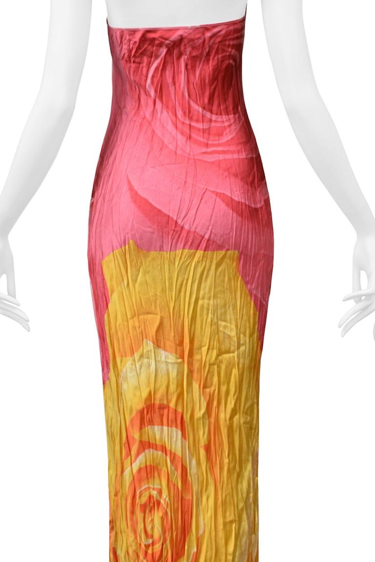 Roberto Cavalli Pink & Yellow Rose Print Crinkle Dress 2000 3