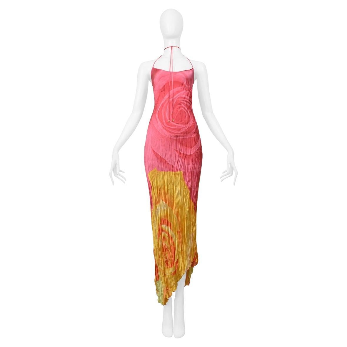 Roberto Cavalli Pink & Yellow Rose Print Crinkle Dress 2000