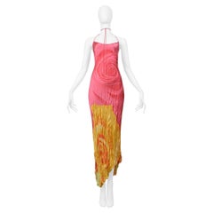 Roberto Cavalli Pink & Yellow Rose Print Crinkle Dress 2000