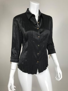Roberto Cavalli Pleated Black Silk Satin Jewel Sleeve Blouse