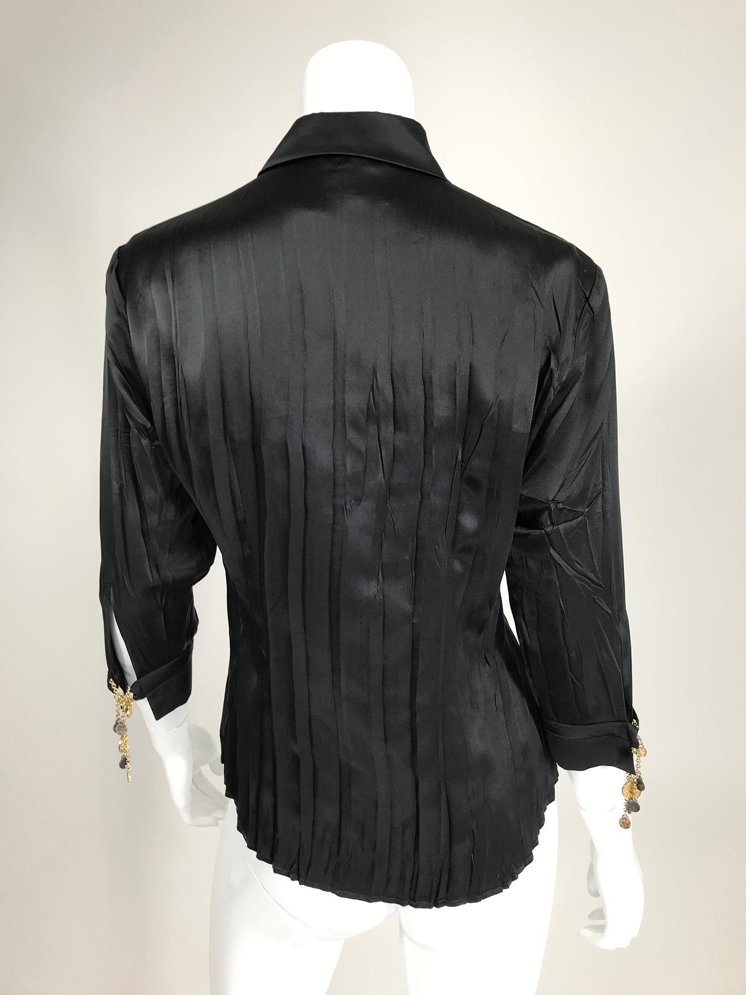 Roberto Cavalli Pleated Black Silk Satin Jewel Sleeve Blouse In Good Condition In West Palm Beach, FL