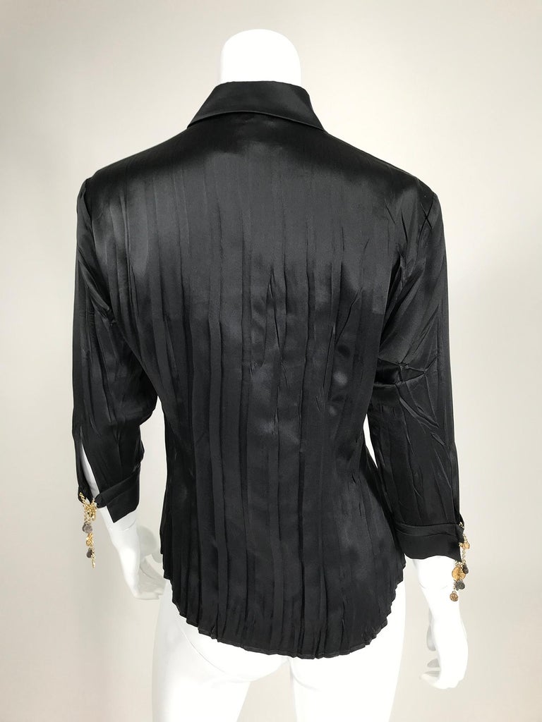 Roberto Cavalli Pleated Black Silk Satin Jewel Sleeve Blouse For Sale ...