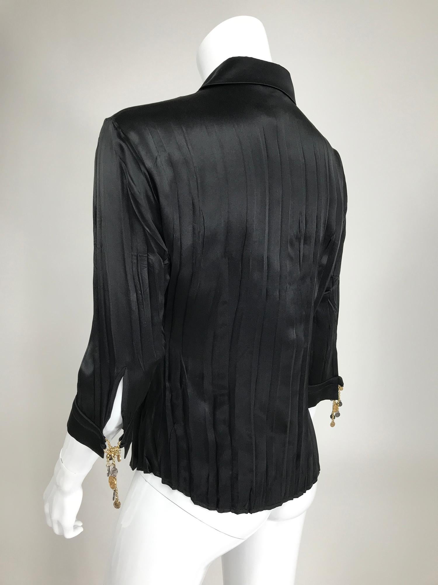 Women's Roberto Cavalli Pleated Black Silk Satin Jewel Sleeve Blouse