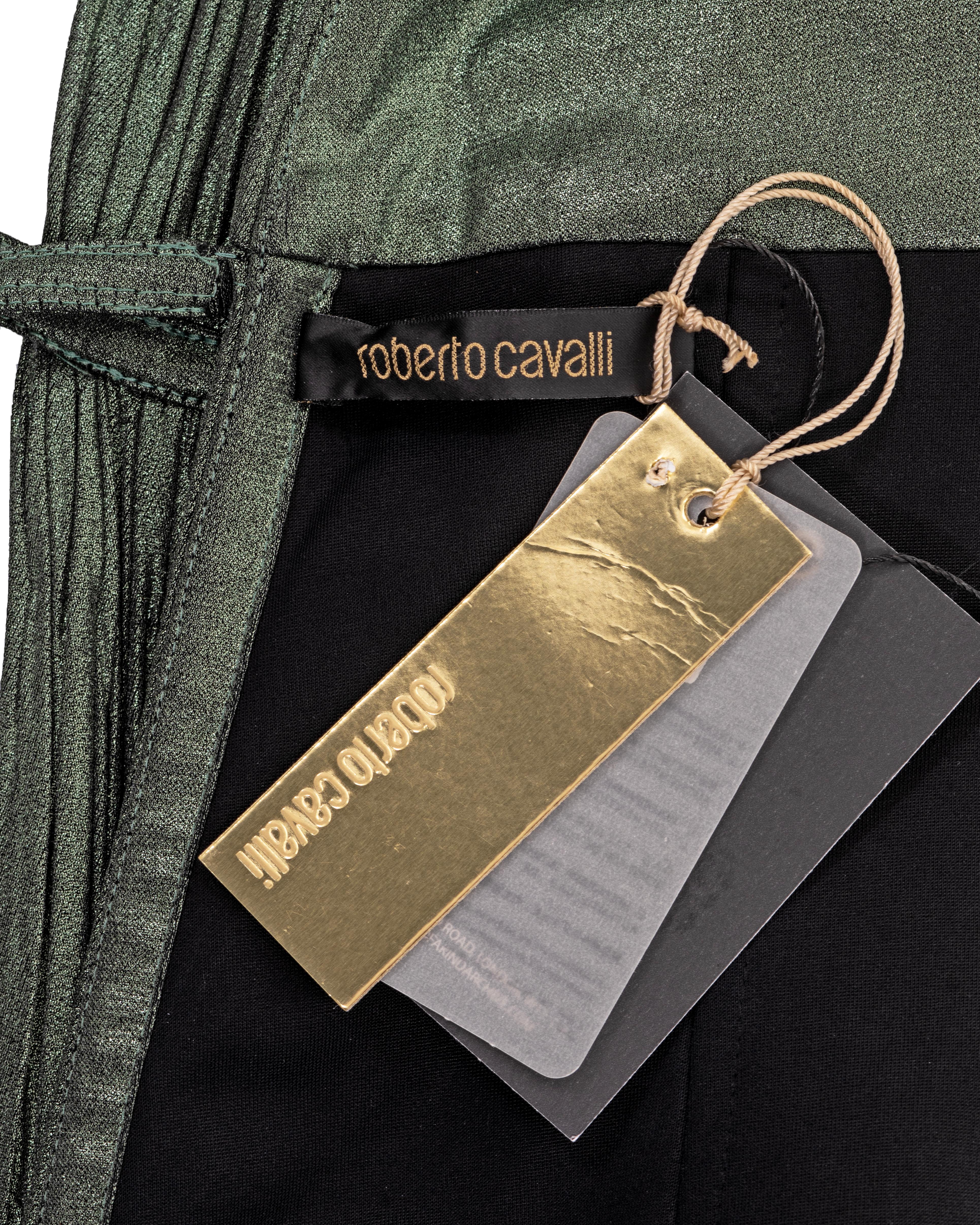 Vestido de noche Roberto Cavalli 'Cleopatra' de cupro verde metalizado plisado, fw 2007 en venta 6