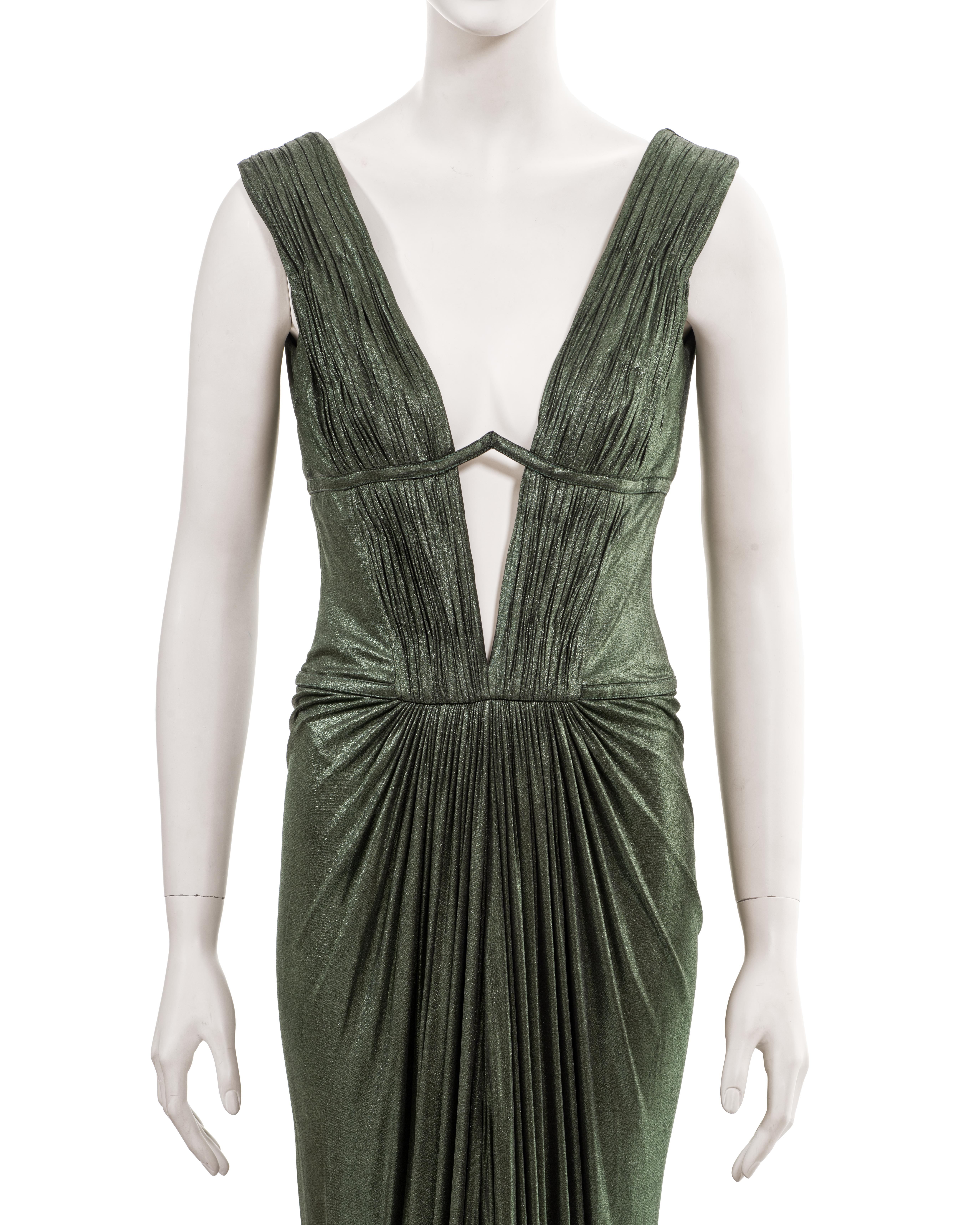 Roberto Cavalli pleated metallic green cupro 'Cleopatra' evening dress, fw 2007 In Excellent Condition For Sale In London, GB
