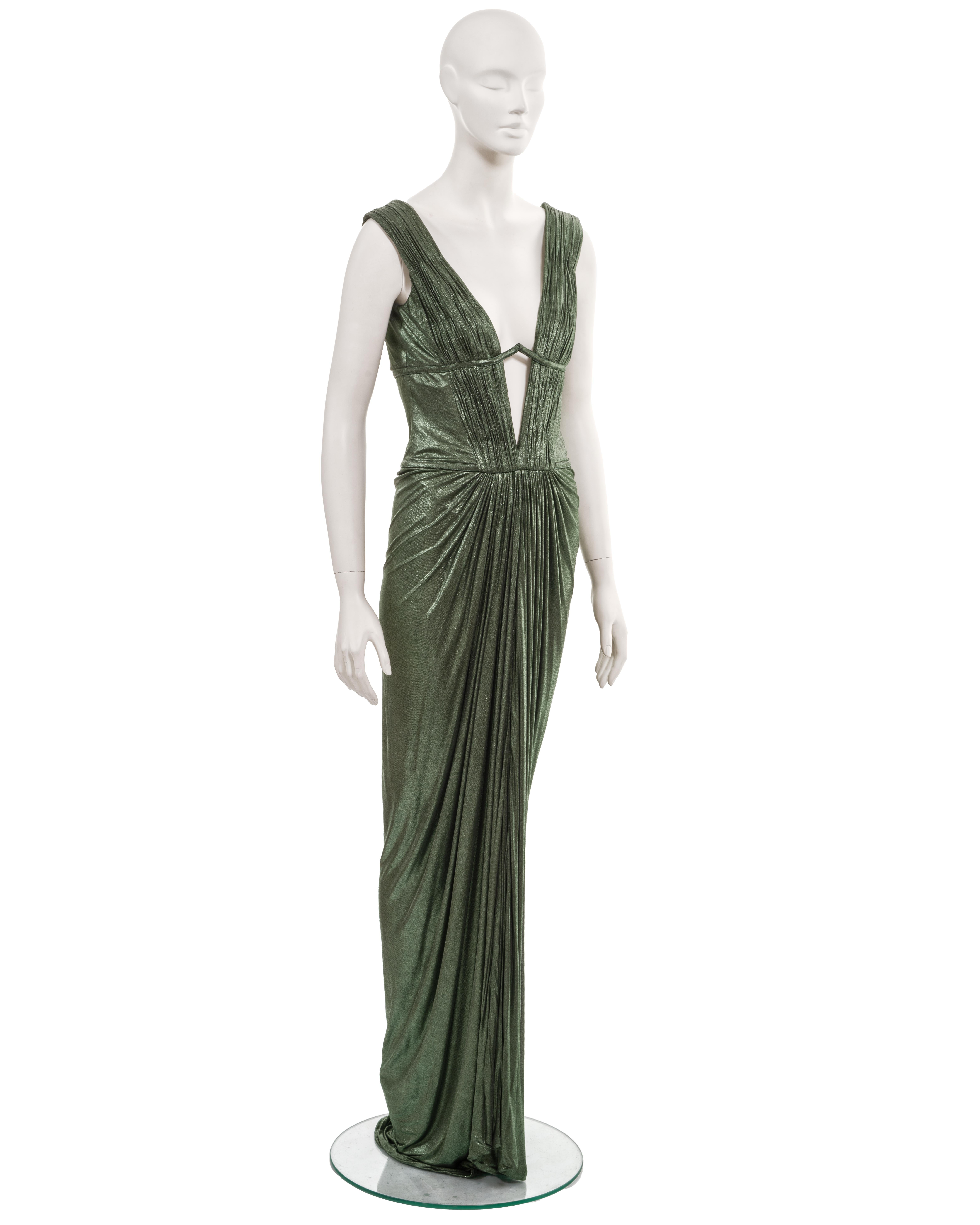 Roberto Cavalli pleated metallic green cupro 'Cleopatra' evening dress, fw 2007 For Sale 1