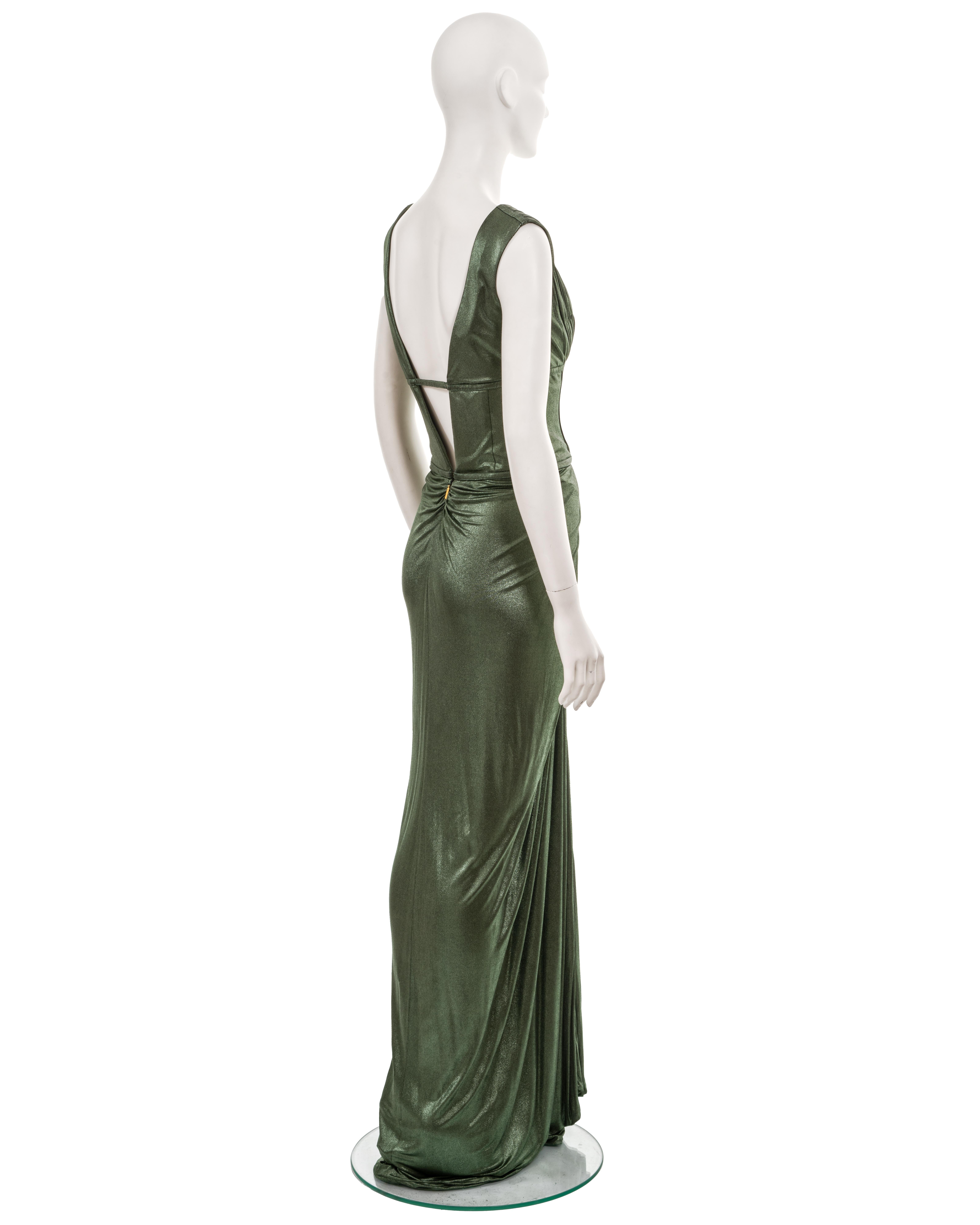 Vestido de noche Roberto Cavalli 'Cleopatra' de cupro verde metalizado plisado, fw 2007 en venta 2