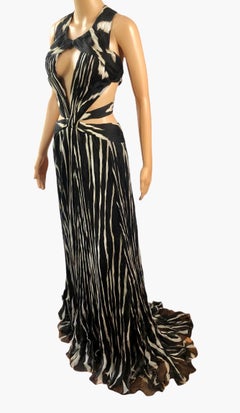 Roberto Cavalli Plunged Décolleté Cutout Back Zebra Print Evening Dress Gown