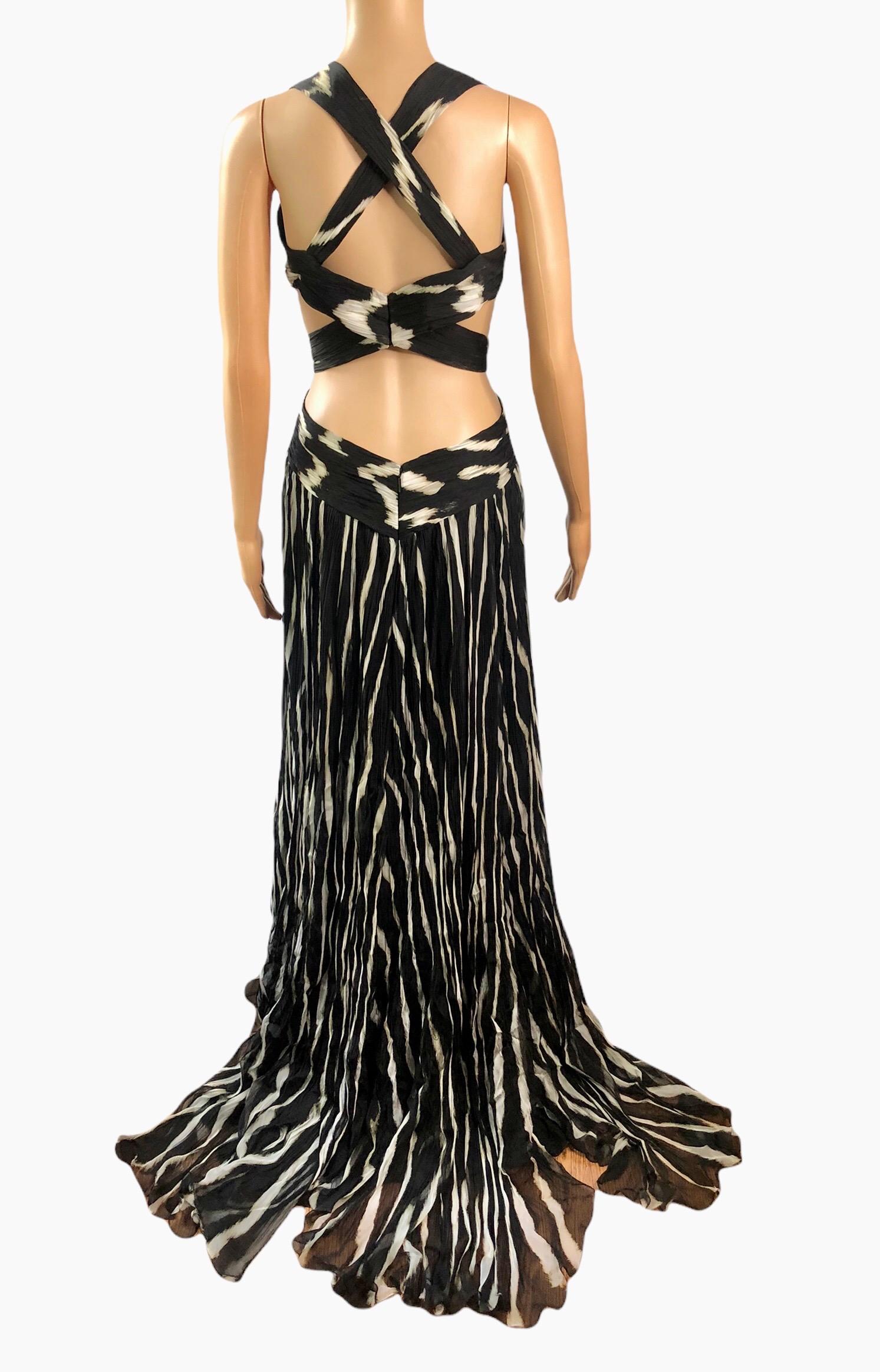 Black Roberto Cavalli Plunged Décolleté Cutout Back Zebra Print Evening Dress Gown For Sale