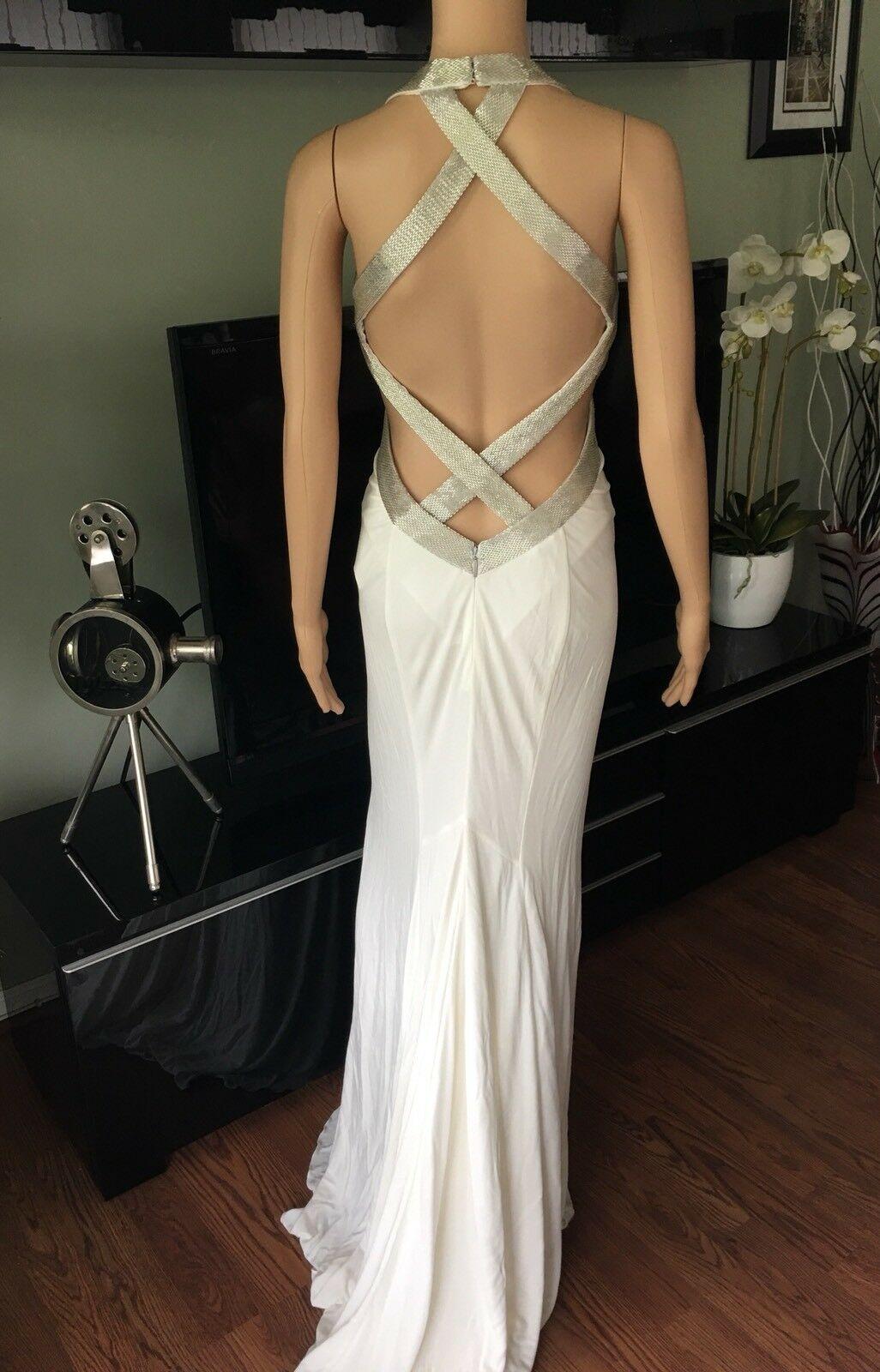 Roberto Cavalli Embellished Plunged Décolleté Open Back White Evening Dress Gown In Good Condition For Sale In Naples, FL