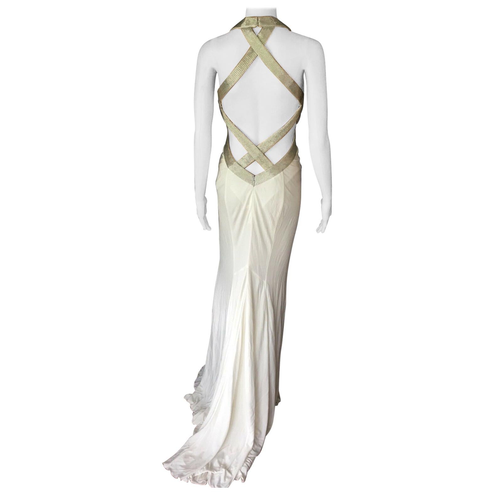 Roberto Cavalli Plunged Décolleté Open Back Embellished White Evening Dress Gown