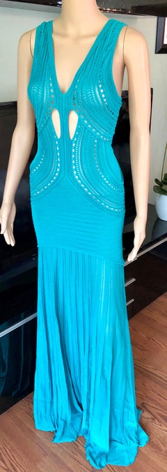 Roberto Cavalli Plunging Neckline Cutout Crochet Maxi Dress Gown