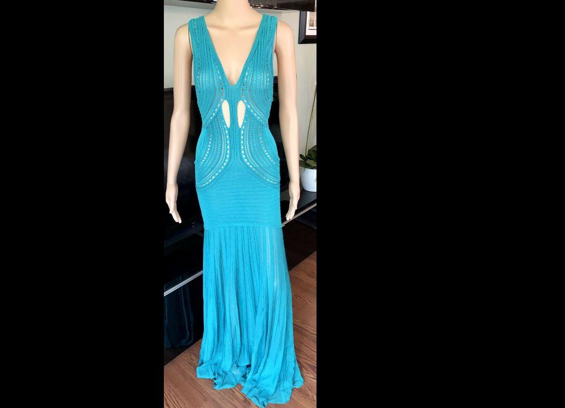 Blue Roberto Cavalli Plunging Neckline Cutout Crochet Maxi Dress Gown
