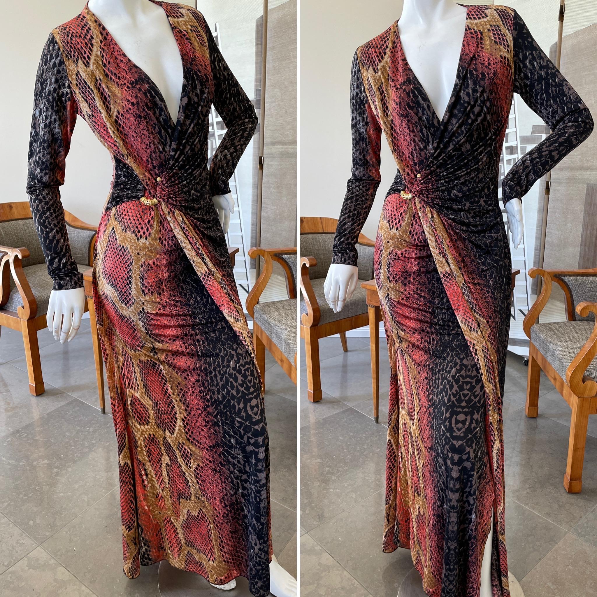 Roberto Cavalli Vintage Plunging Reptile Print Evening Dress with Hip Ornament
Size Small, there is a lot of stretch
 Bust 36