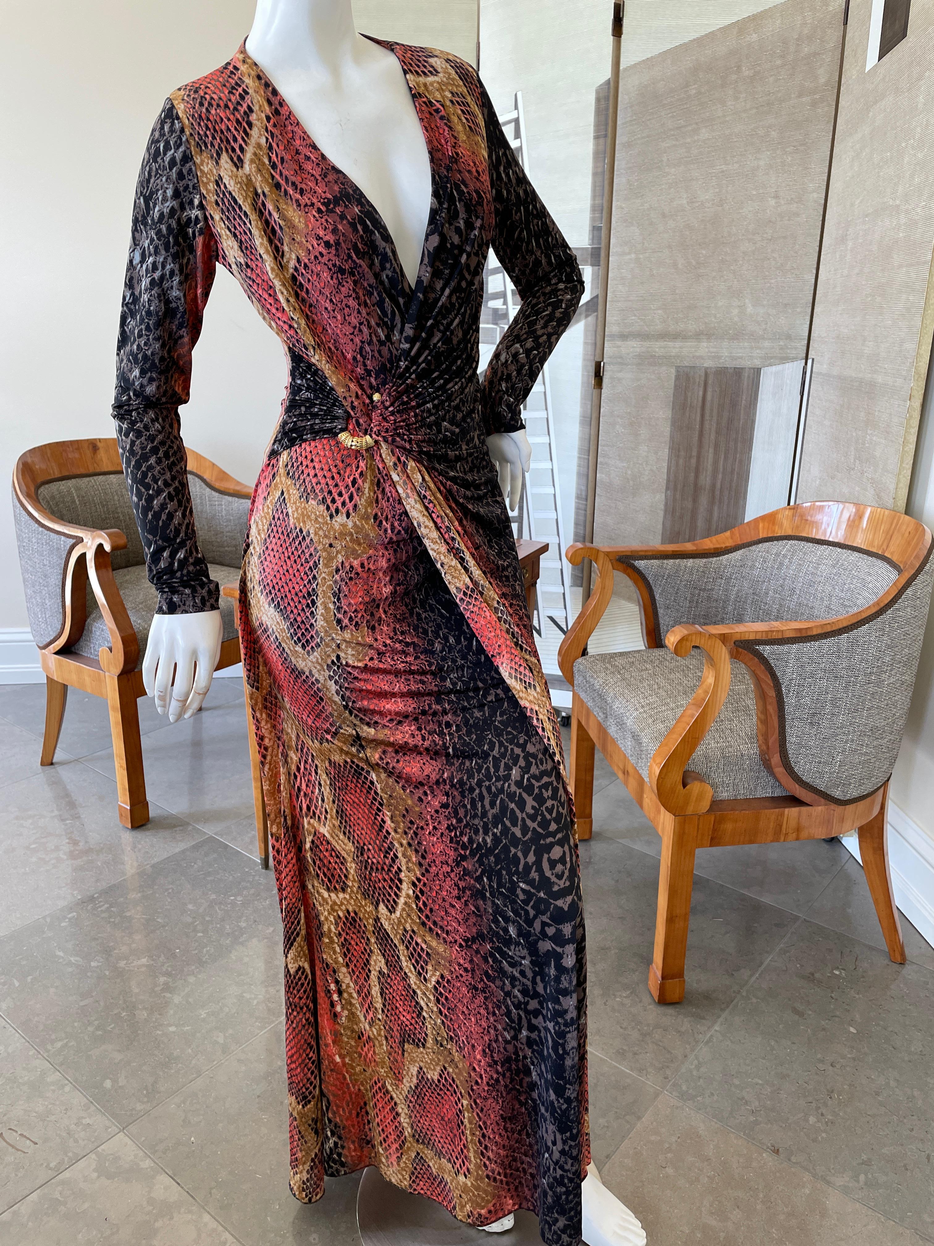 Roberto Cavalli Plunging Vintage Reptile Print Evening Dress  For Sale 2