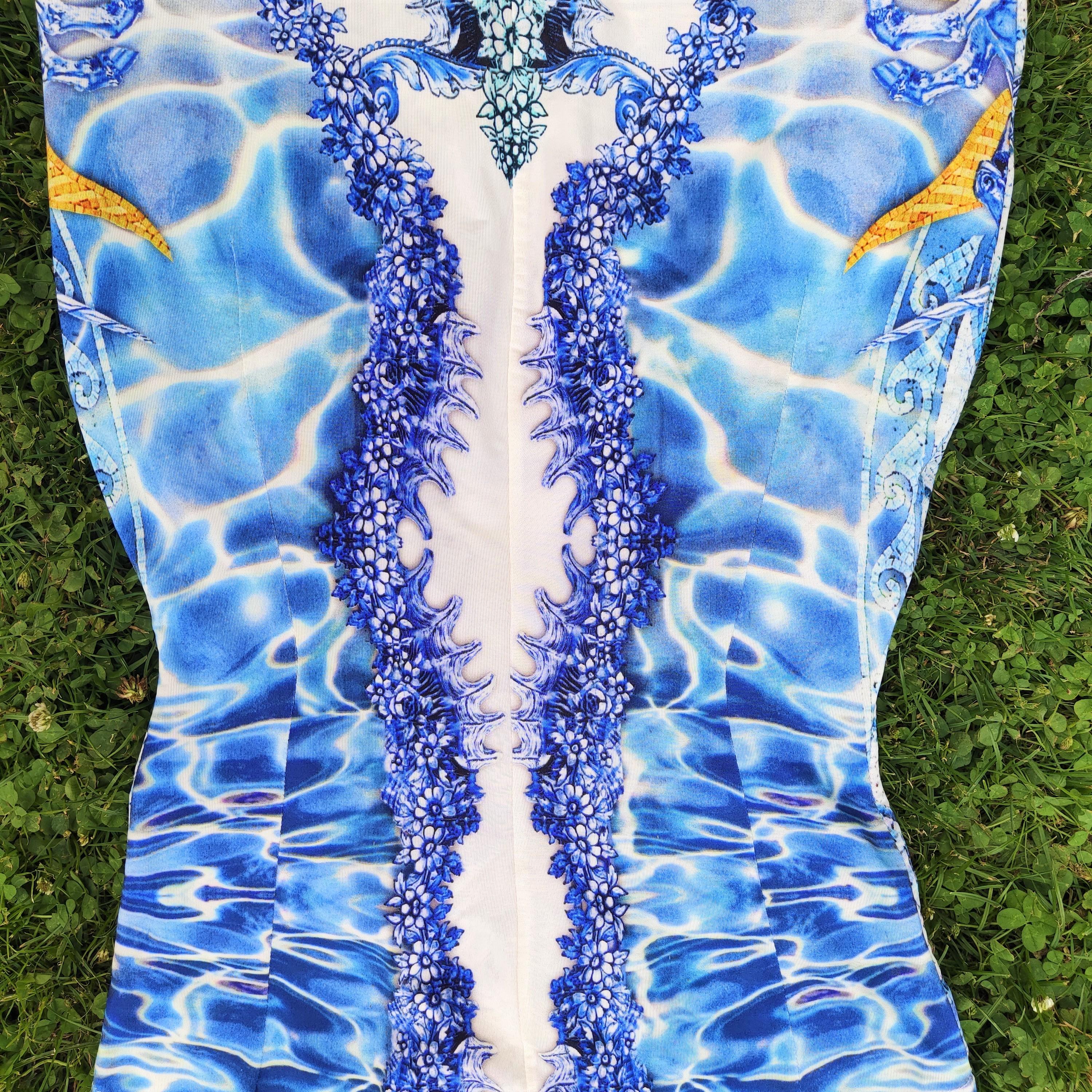 Roberto Cavalli Poseidon God Mosaic Couture Blue Just Vintage 90s Mini Dress For Sale 3