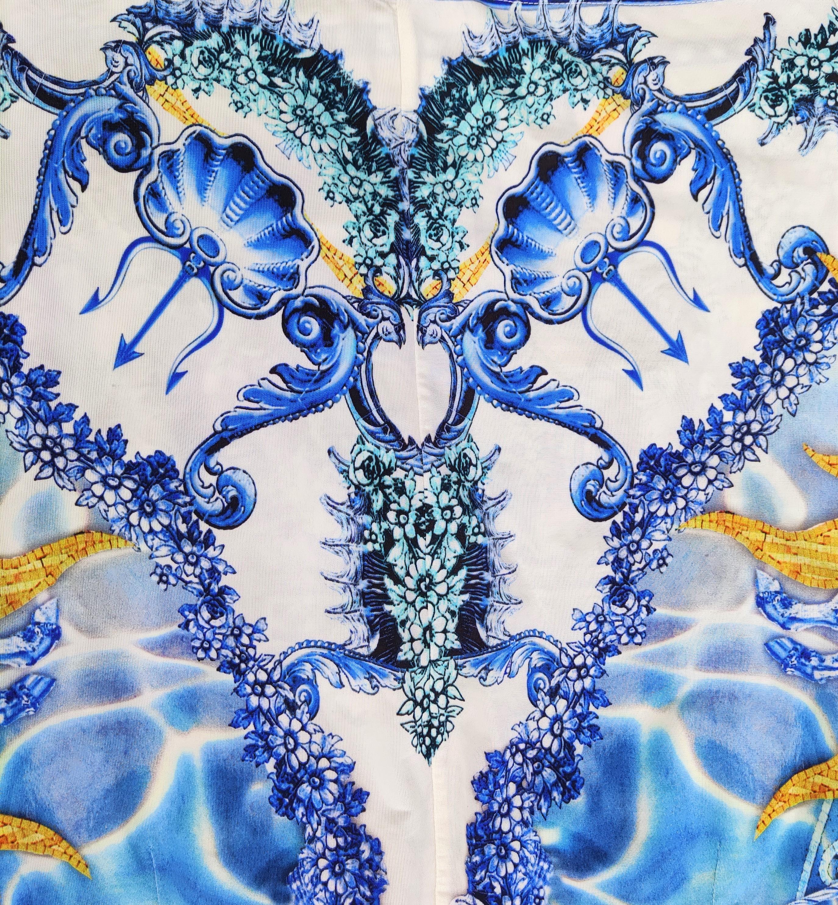 Roberto Cavalli Poseidon God Mosaic Couture Blue Just Vintage 90s Mini Dress For Sale 4