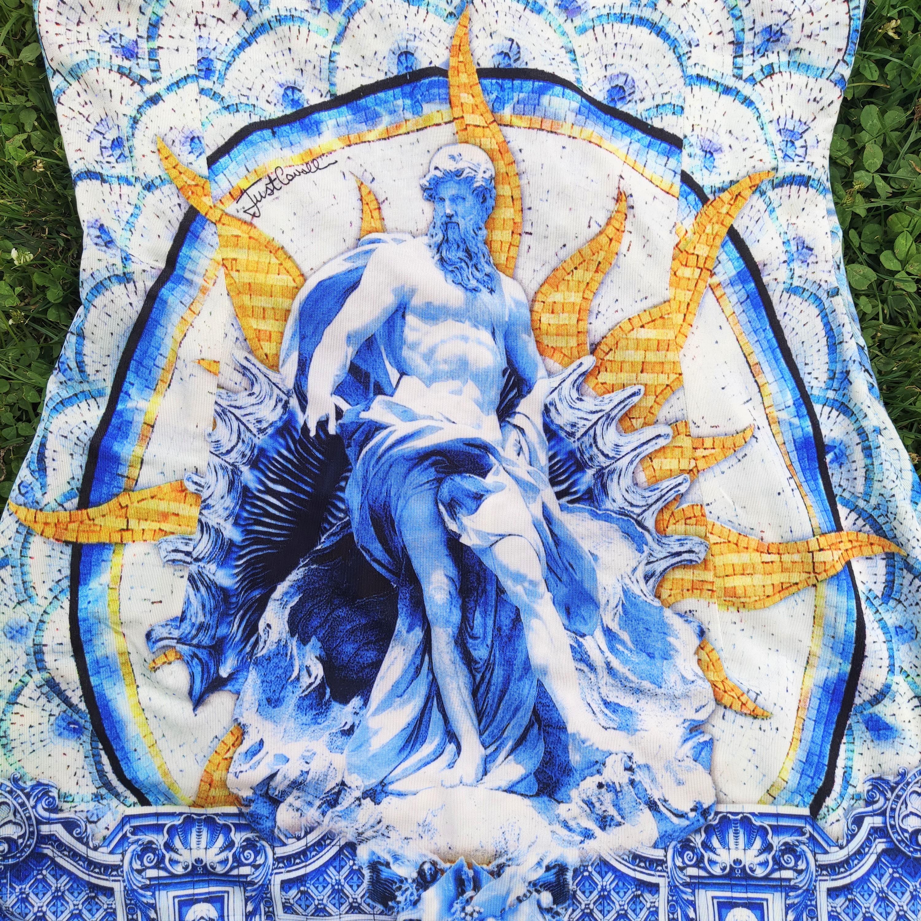 Roberto Cavalli - Mini robe bleue Just Vintage « Poseidon God » avec mosaïque couture, années 90 Pour femmes en vente