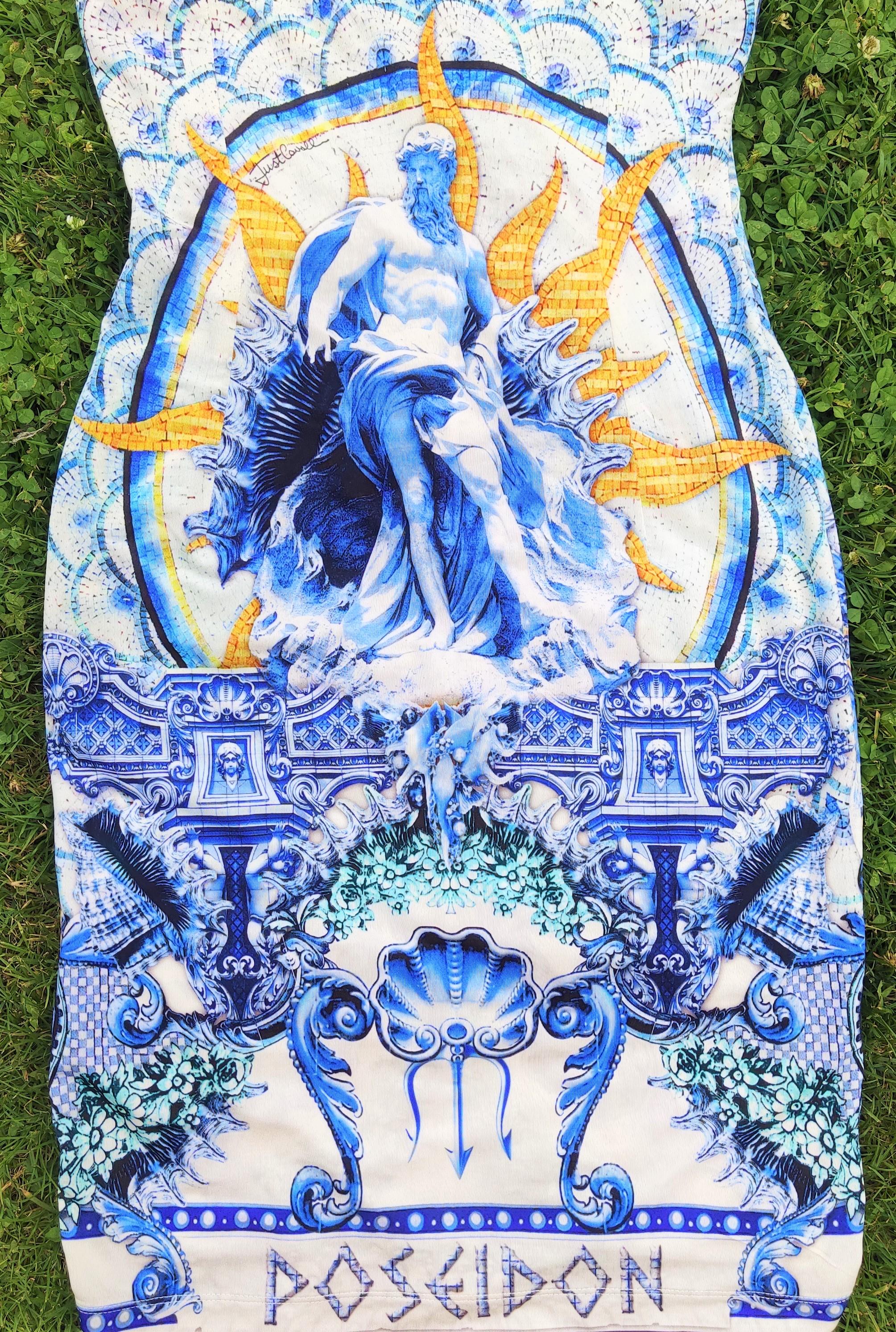 Roberto Cavalli Poseidon God Mosaic Couture Blue Just Vintage 90s Mini Dress In Excellent Condition For Sale In PARIS, FR