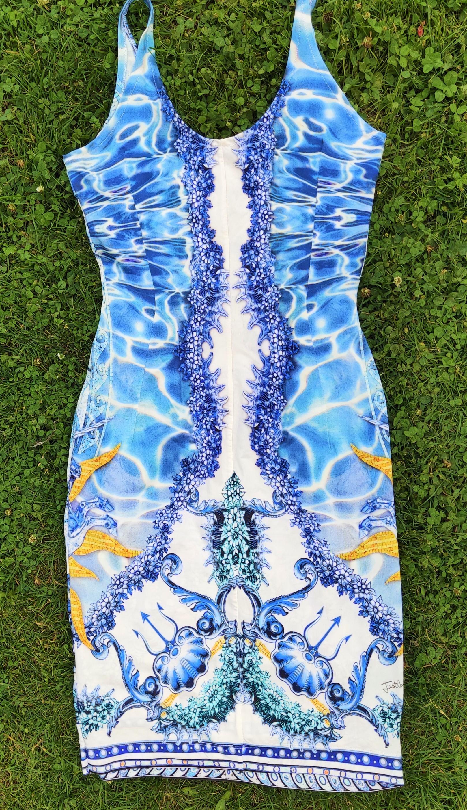 Roberto Cavalli Poseidon God Mosaic Couture Blue Just Vintage 90s Mini Dress For Sale 2