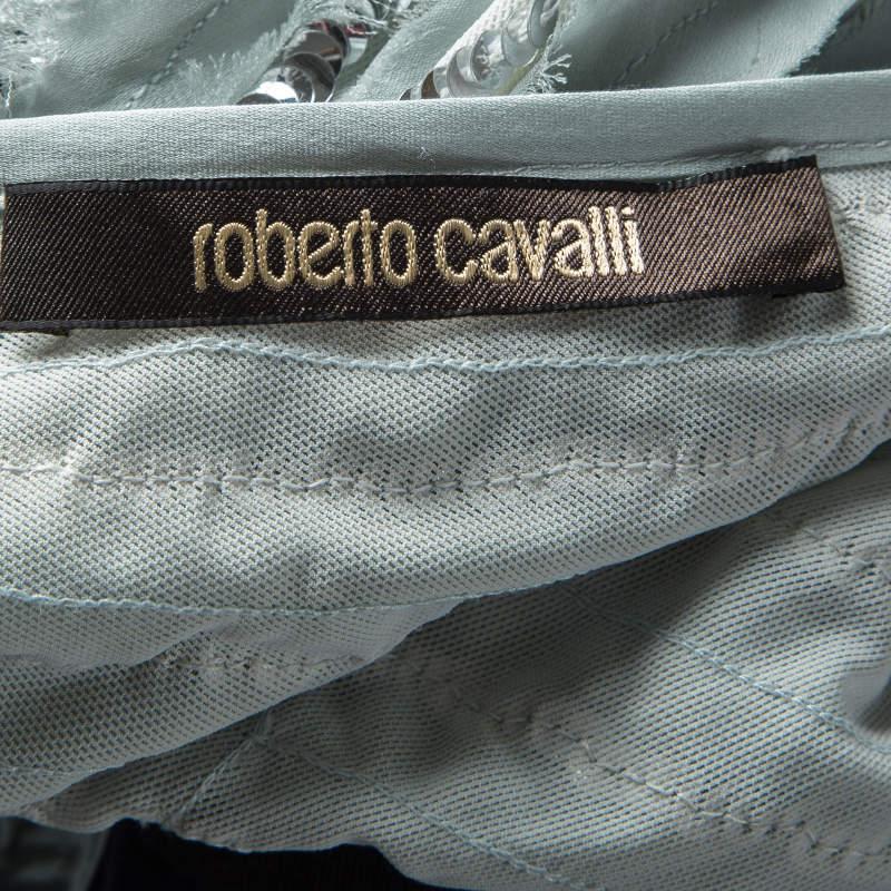 Roberto Cavalli Powder Blue Silk Ruffled Sequin Embellished One Shoulder Top S For Sale 1