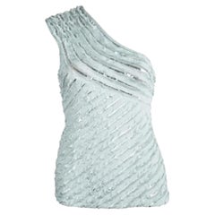 Roberto Cavalli Powder Blue Silk Ruffled Sequin Embellished One Shoulder Top S