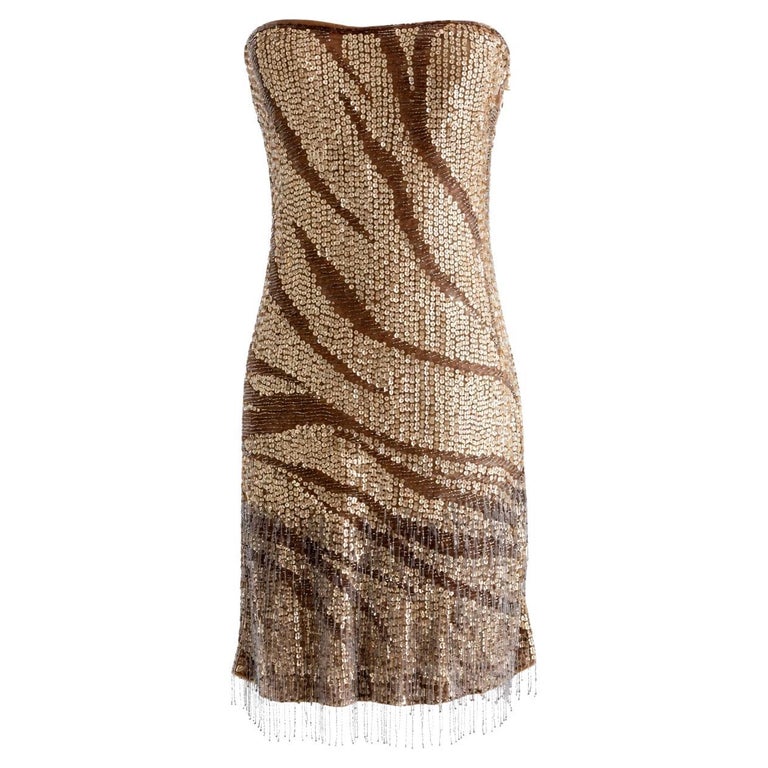 roberto cavalli gold fringe dress Roberto Cavalli Class 2000s Nude Gold Size 2 / 4 Deco Beaded Fringe Mesh Dress For Sale at 1stDibs