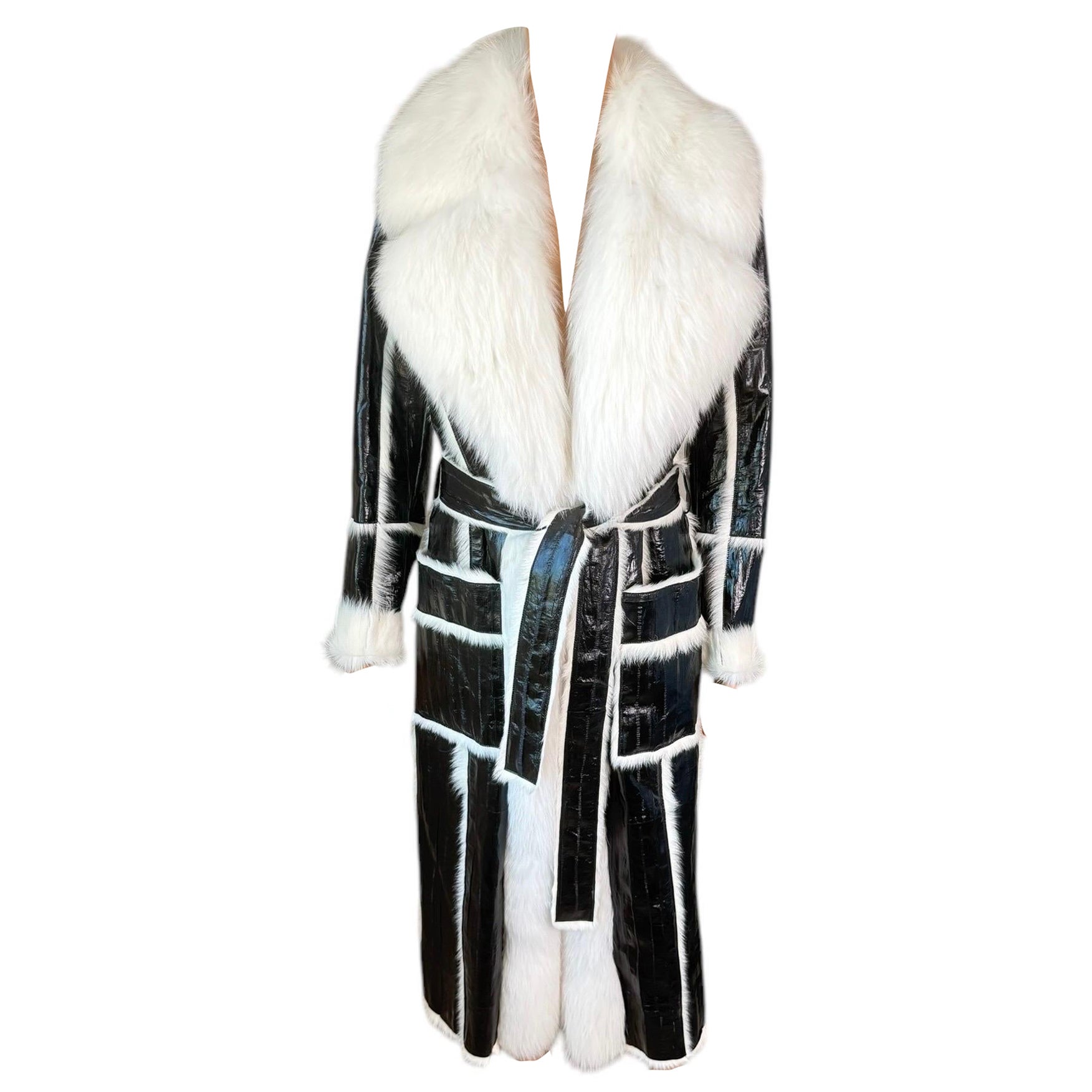 Roberto Cavalli Pre-Fall 2015 Runway Leather & Fox Fur Belted Jacket Coat (manteau à ceinture en cuir et en fourrure de renard) en vente