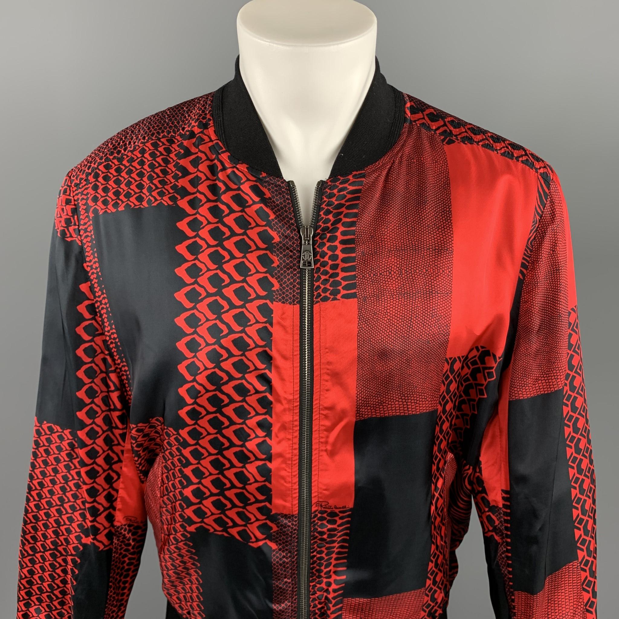 ROBERTO CAVALLI Pre-Fall 2018 jacket comes in a black & red viscose with an all over abstract pattern featuring a bomber style, slit pockets, and a zip up closure. Made in Italy.

Excellent Pre-Owned Condition.
Marked: IT