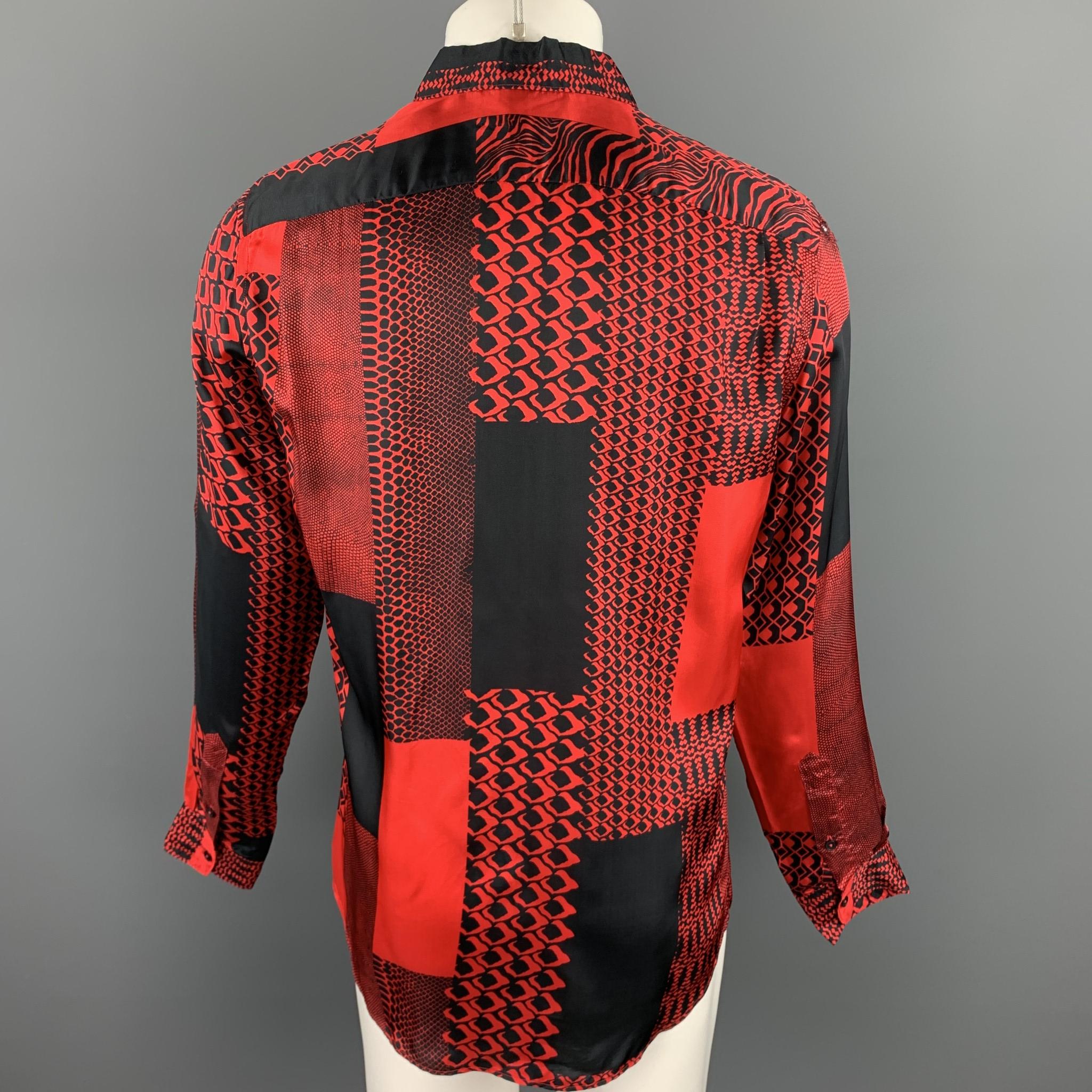Men's ROBERTO CAVALLI Pre-Fall 2018 Size S Red & Black Print Viscose Button Up Shirt