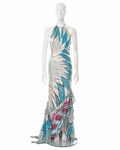Roberto Cavalli printed bias-cut silk trained evening dress, ss 2004