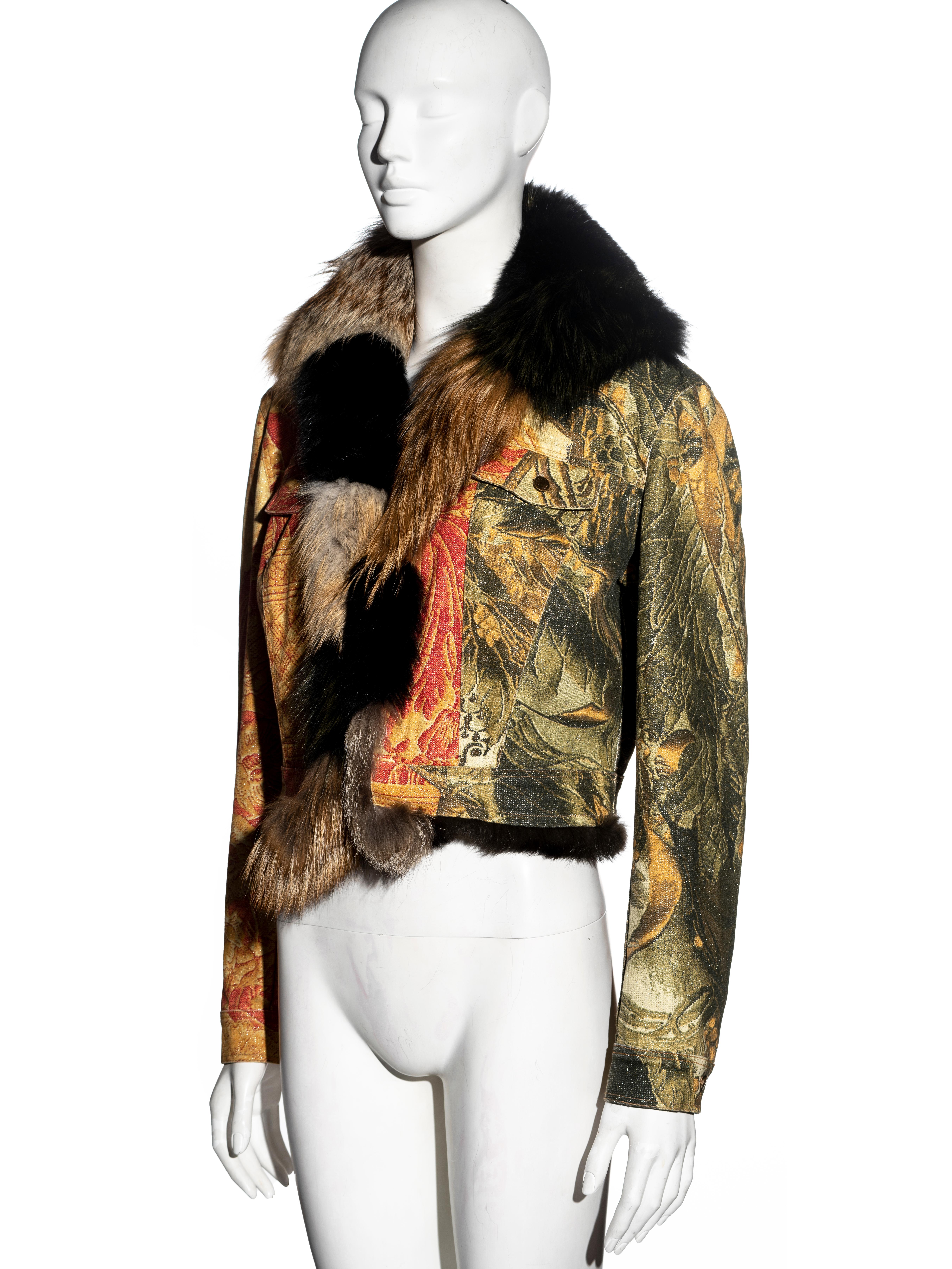 Brown Roberto Cavalli printed denim jacket with fur, fw 2001