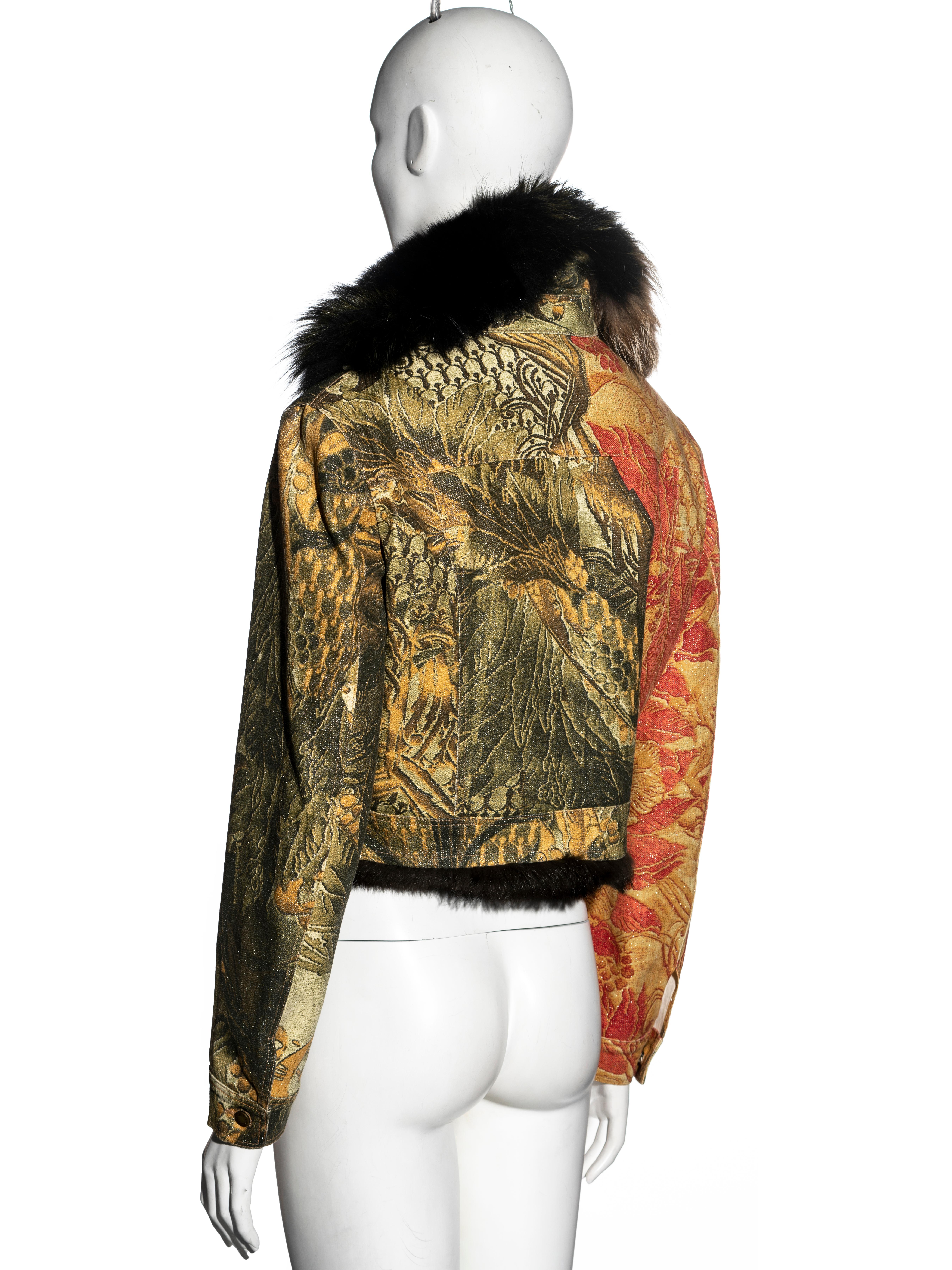 Women's Roberto Cavalli printed denim jacket with fur, fw 2001