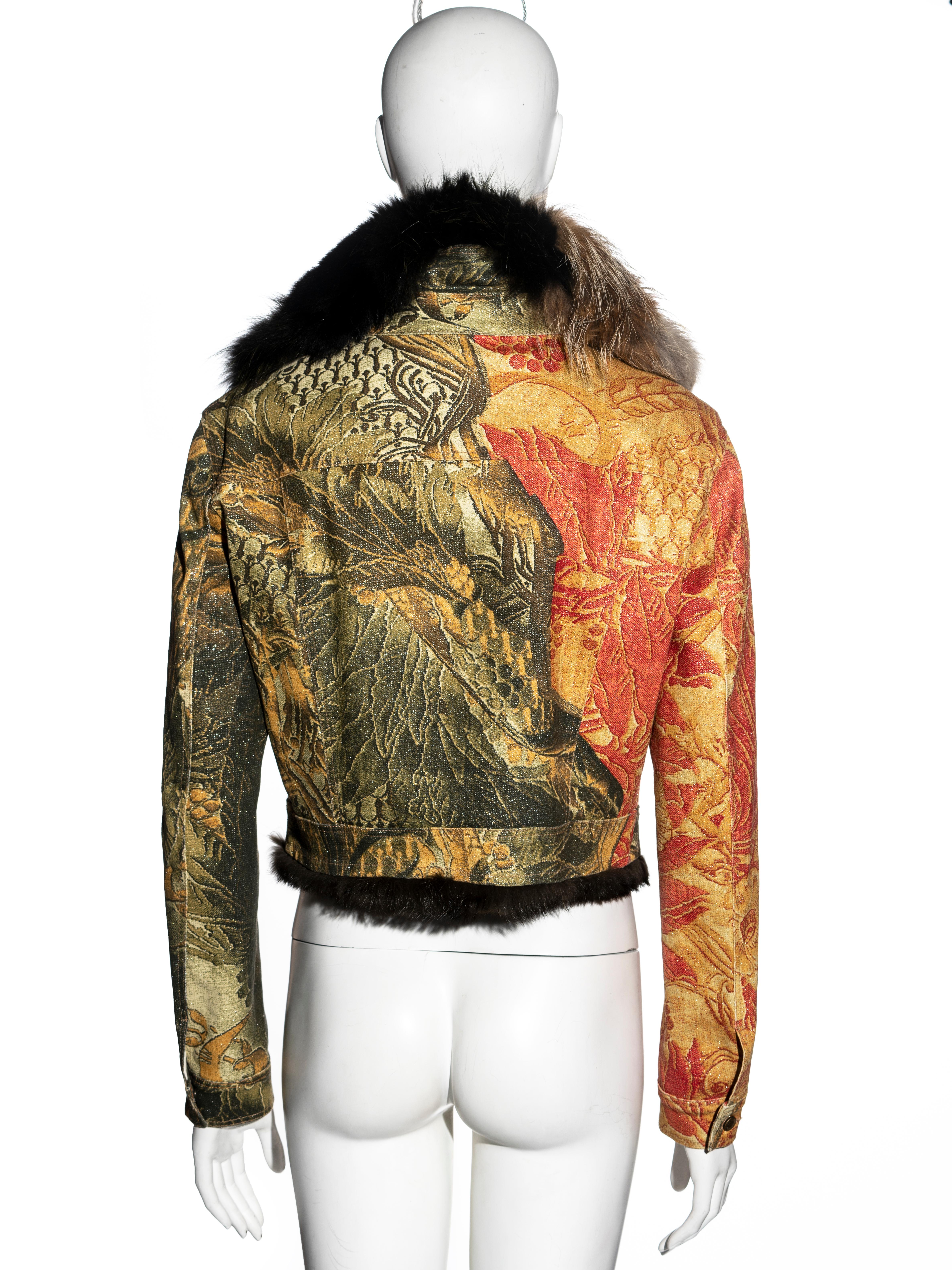 Roberto Cavalli printed denim jacket with fur, fw 2001 2