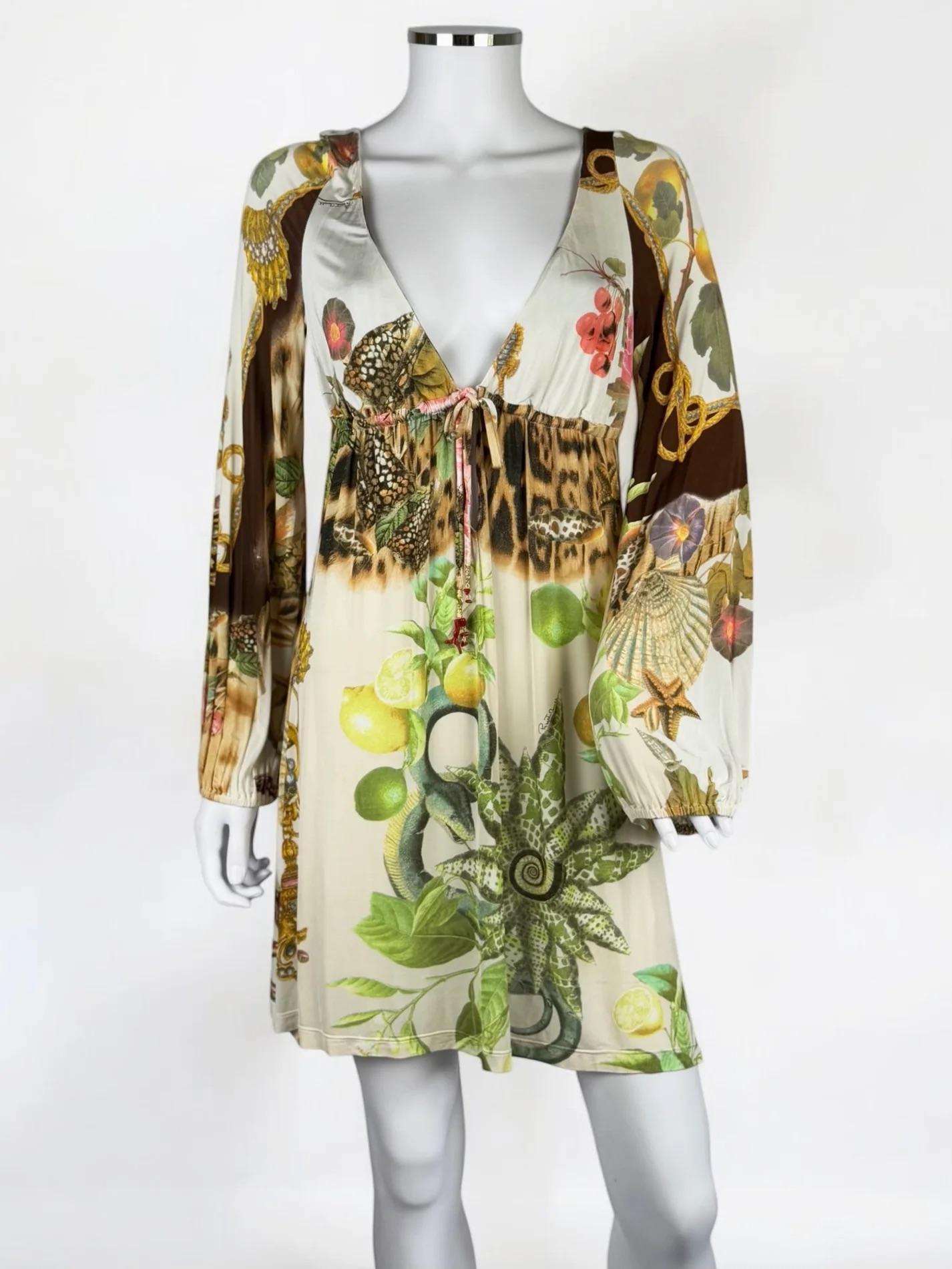 Roberto Cavalli Bedrucktes Minikleid, F/S 2005 (Beige) im Angebot