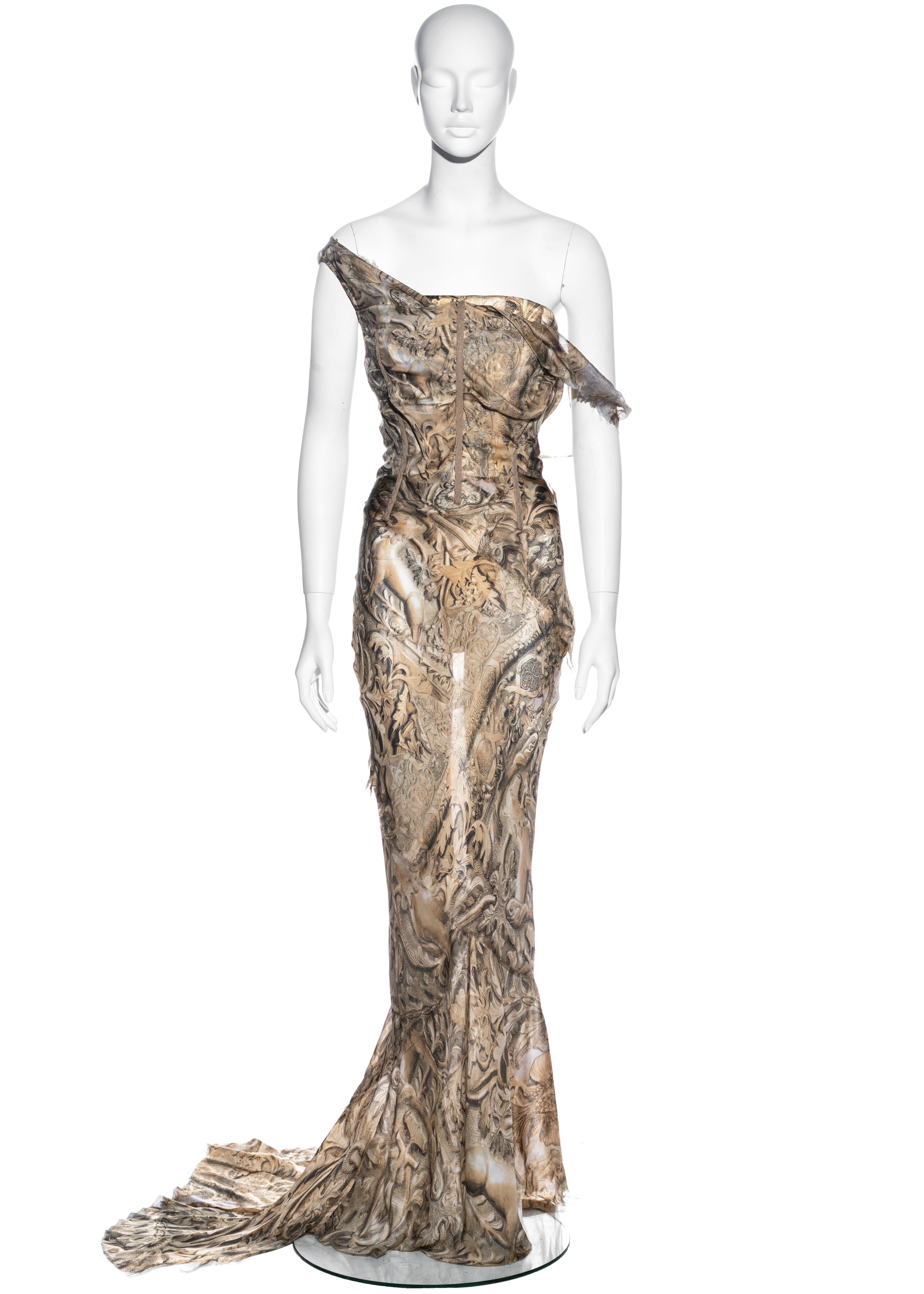 ▪ Roberto Cavalli printed silk evening dress
▪ 100% Silk
▪ Corseted bodice with external boning 
▪ Raw edges 
▪ Built-in bodysuit 
▪ Size Extra Small 
▪ Fall-Winter 2001