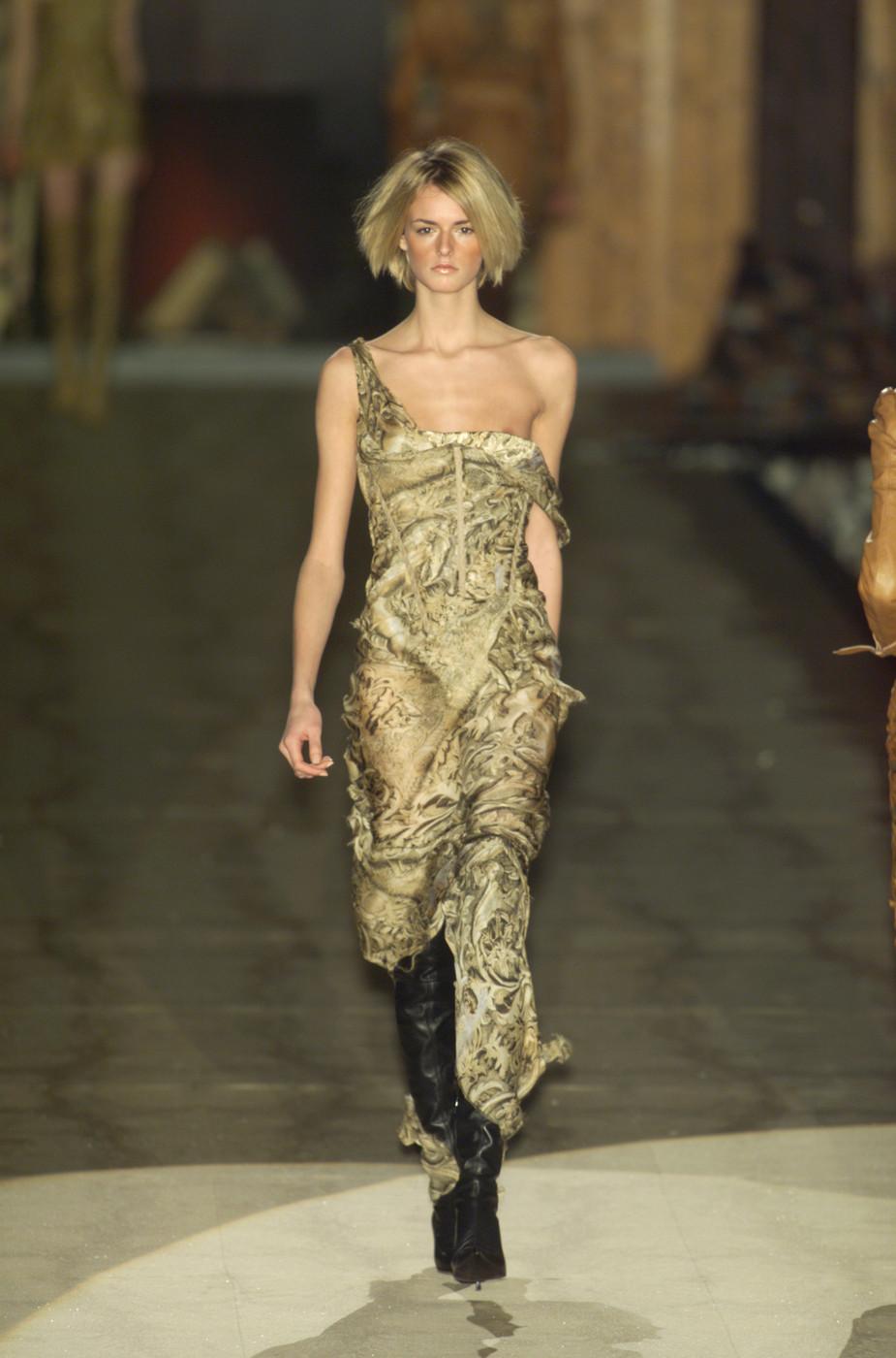 roberto cavalli fall 2001 silk printed corseted gown