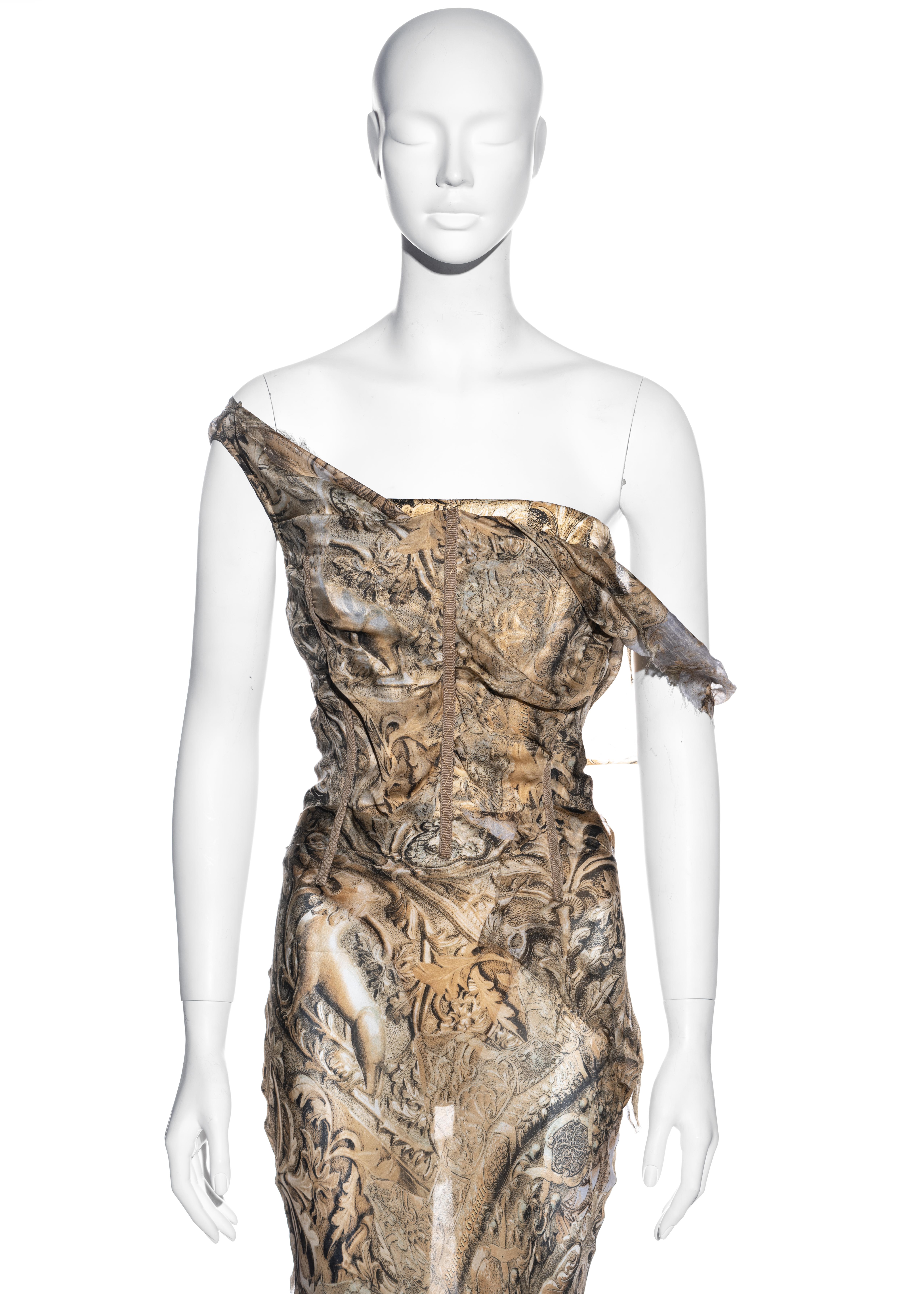 Roberto Cavalli Abendkleid aus bedruckter Seide mit geschultertem Korsett:: fw 2001 Damen