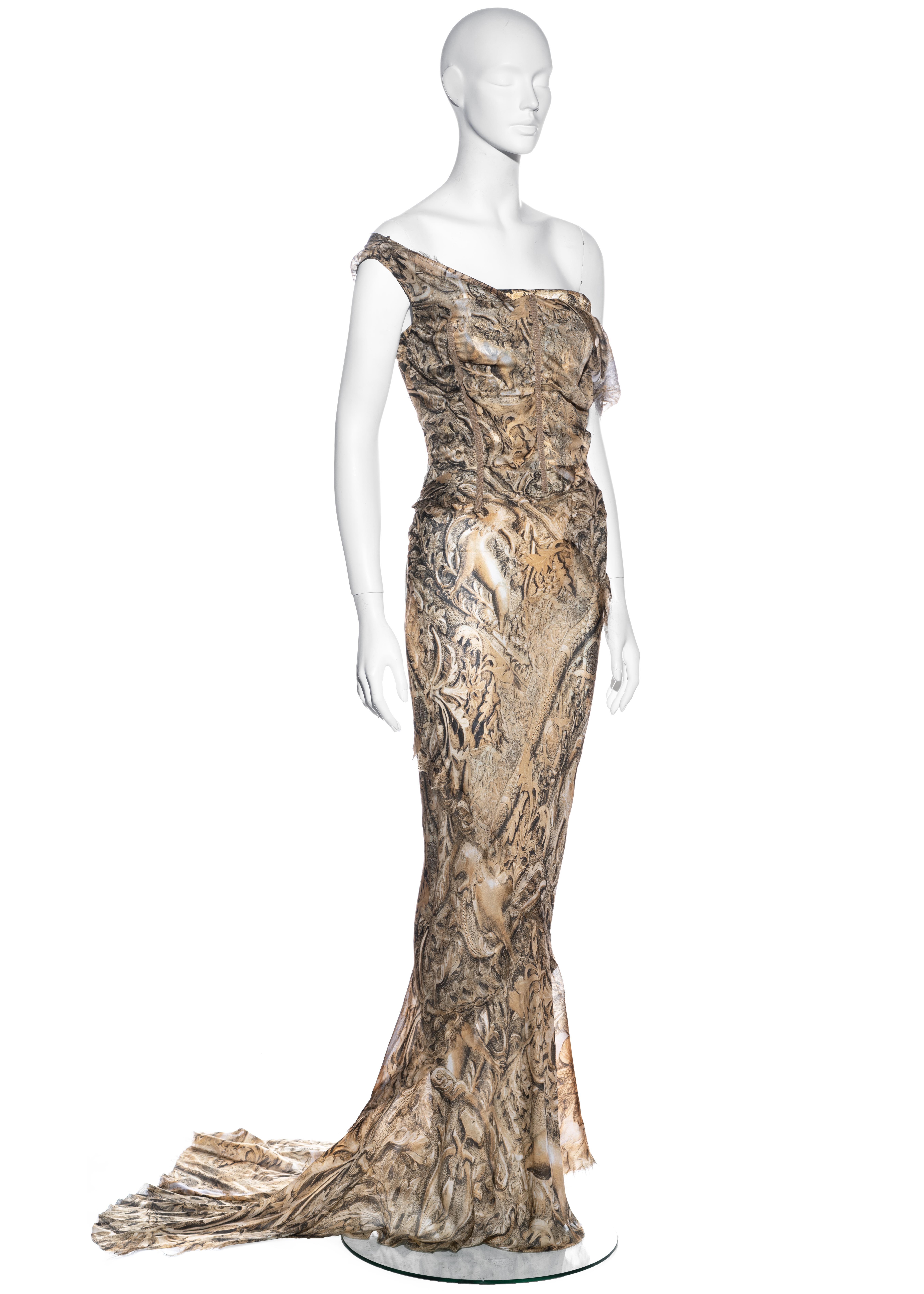 Roberto Cavalli Abendkleid aus bedruckter Seide mit geschultertem Korsett:: fw 2001 1