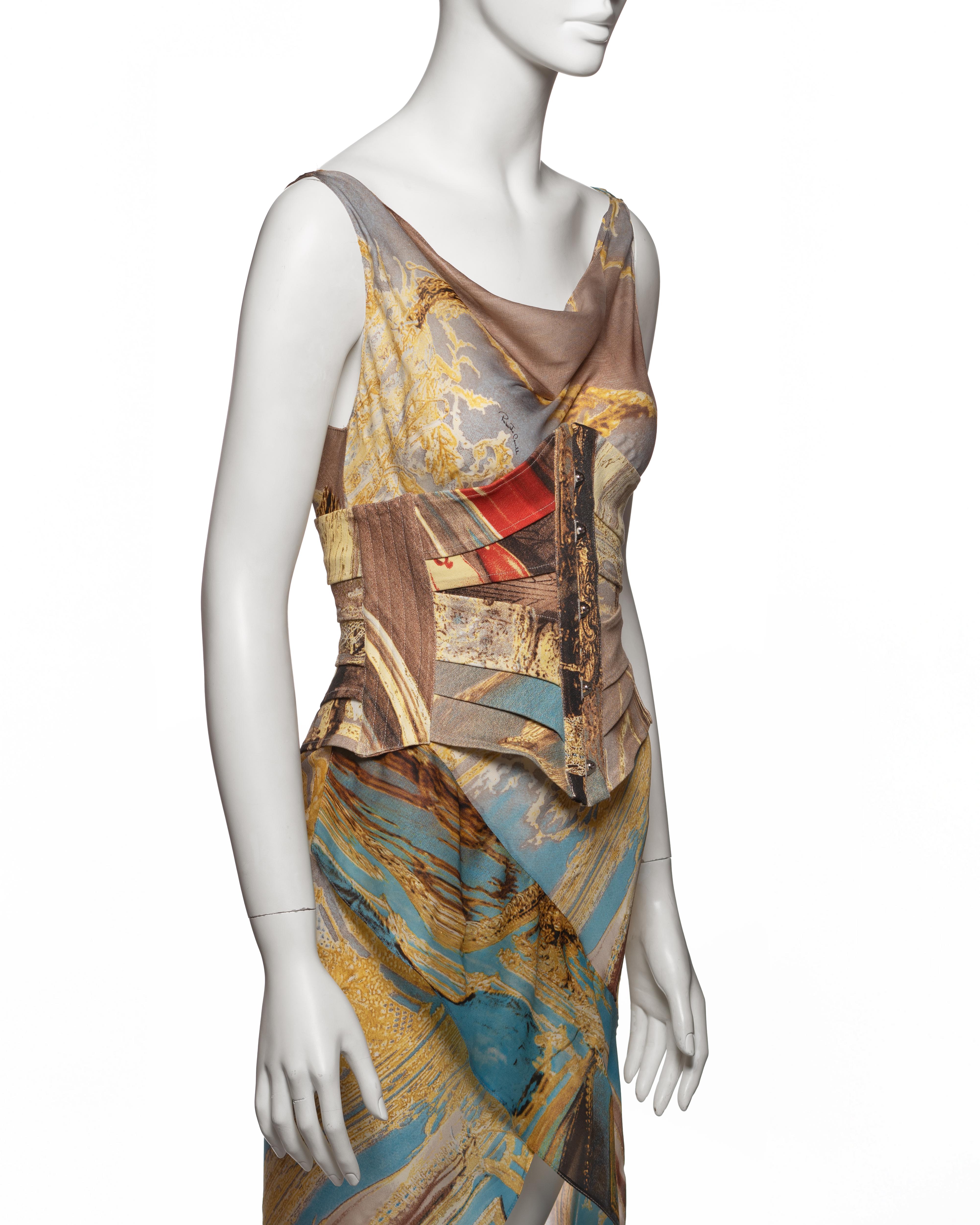 Roberto Cavalli Printed Silk Evening Dress and Corset Runway Look, SS 2003 For Sale 5