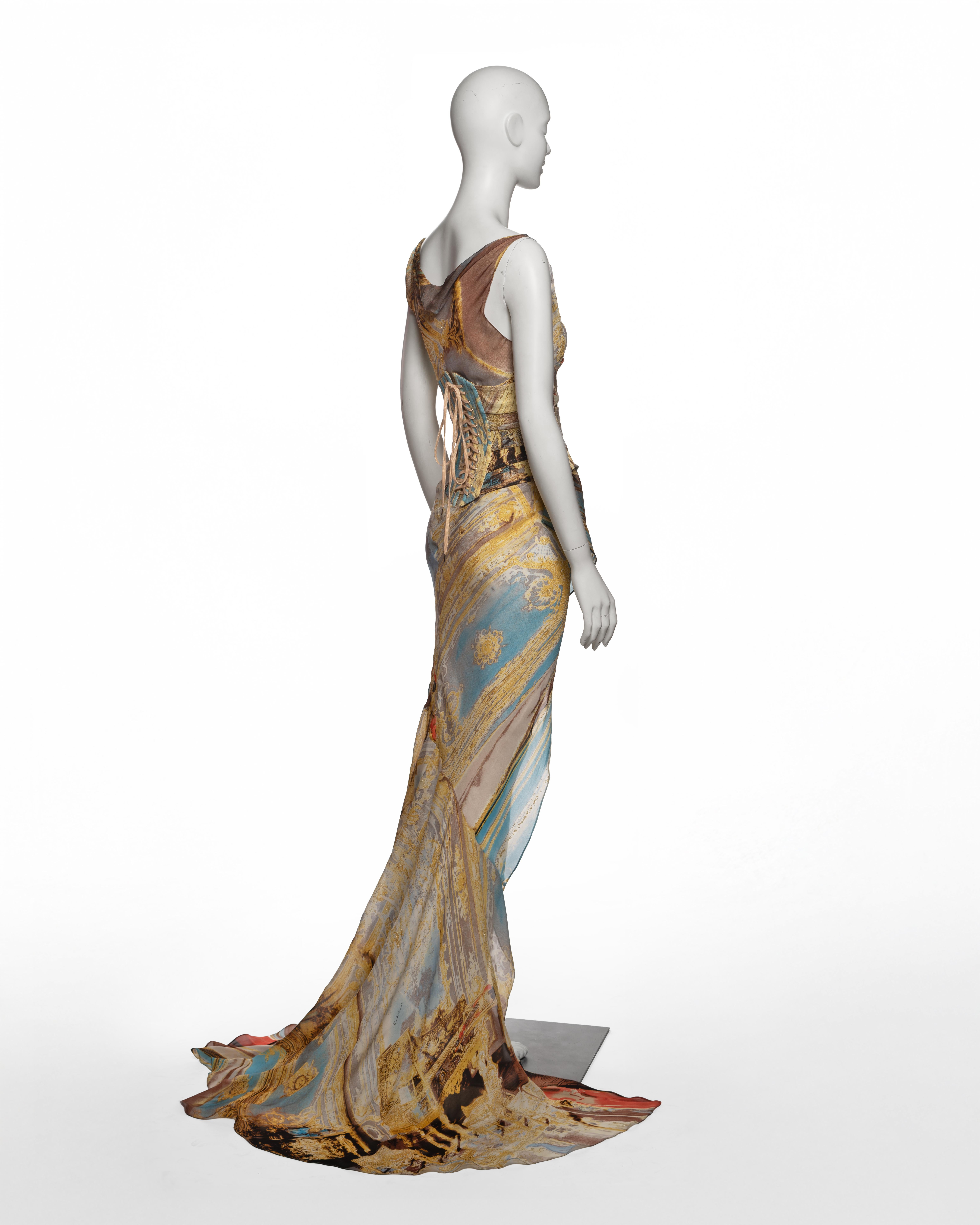 Roberto Cavalli Printed Silk Evening Dress and Corset Runway Look, SS 2003 For Sale 6