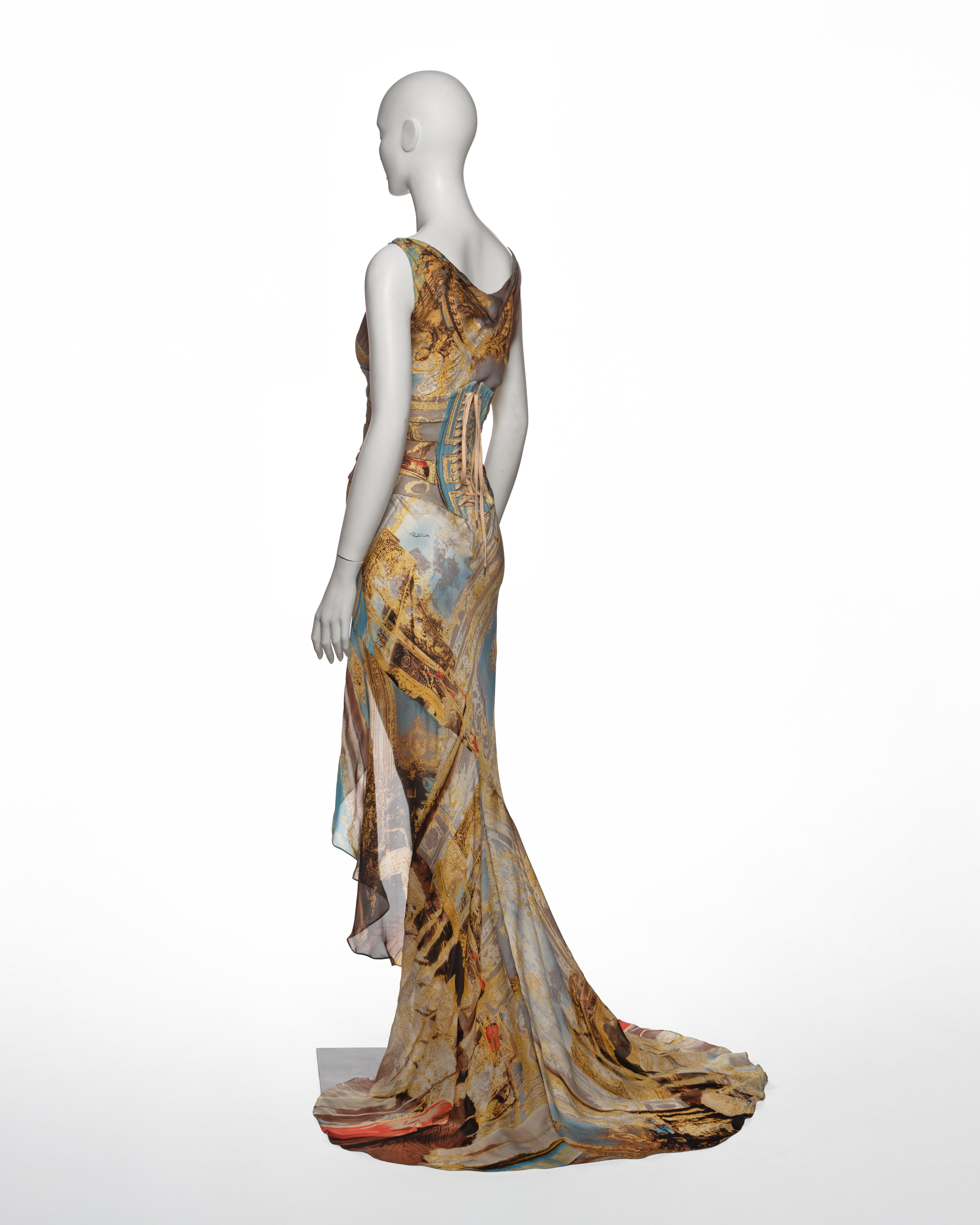 Roberto Cavalli Printed Silk Evening Dress and Corset Runway Look, SS 2003 For Sale 11