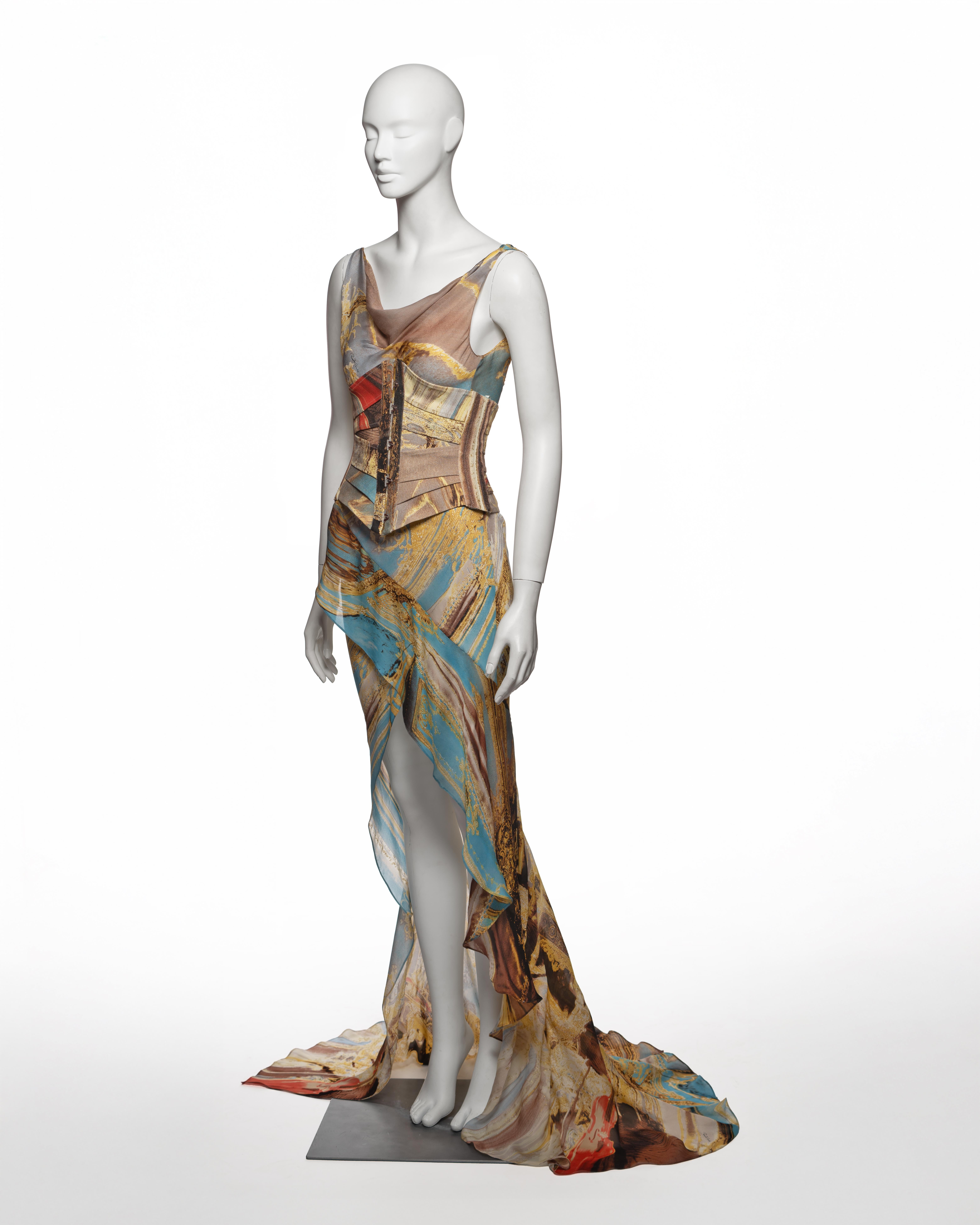 Roberto Cavalli Printed Silk Evening Dress and Corset Runway Look, SS 2003 For Sale 13