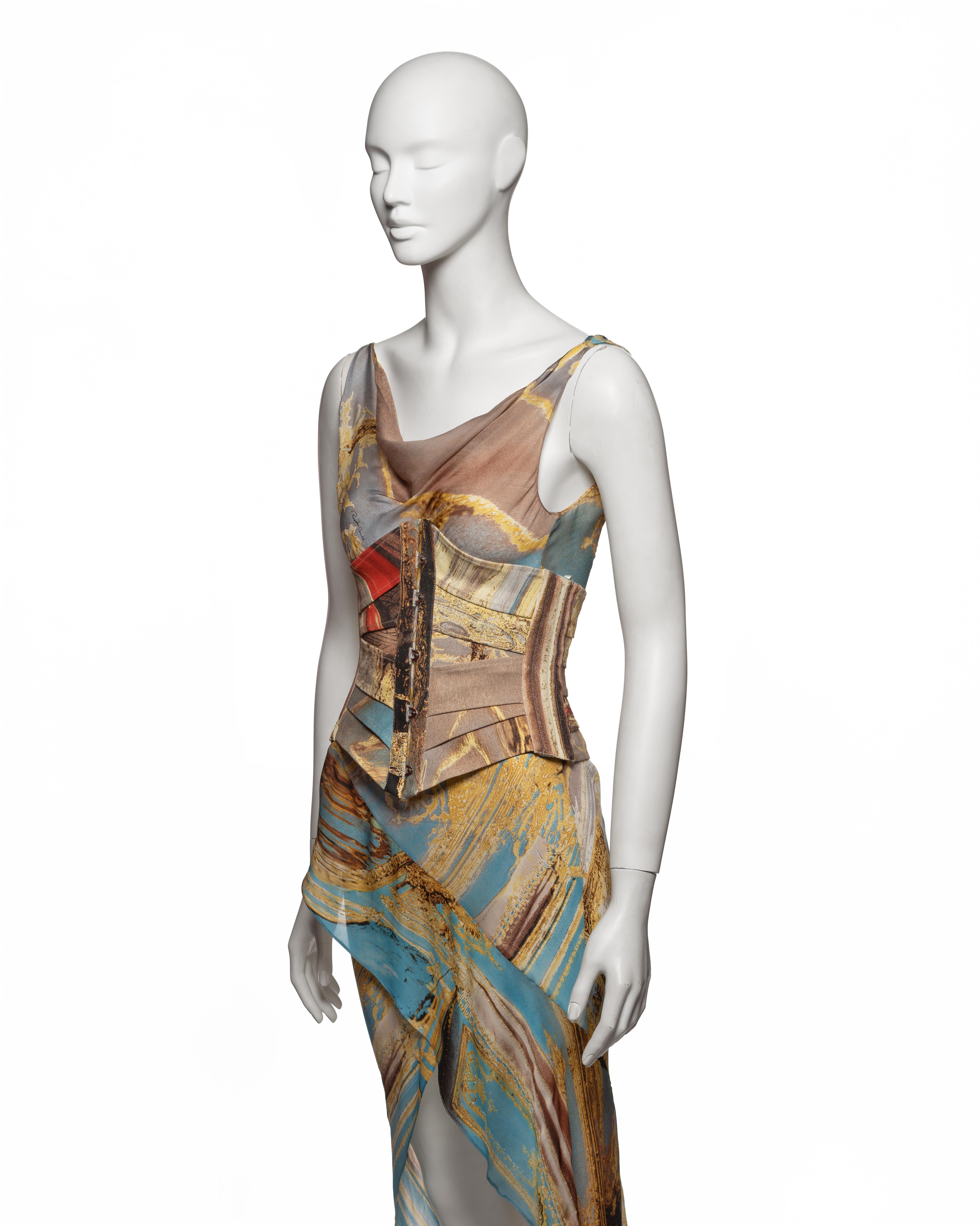 Roberto Cavalli Printed Silk Evening Dress and Corset Runway Look, SS 2003 For Sale 14