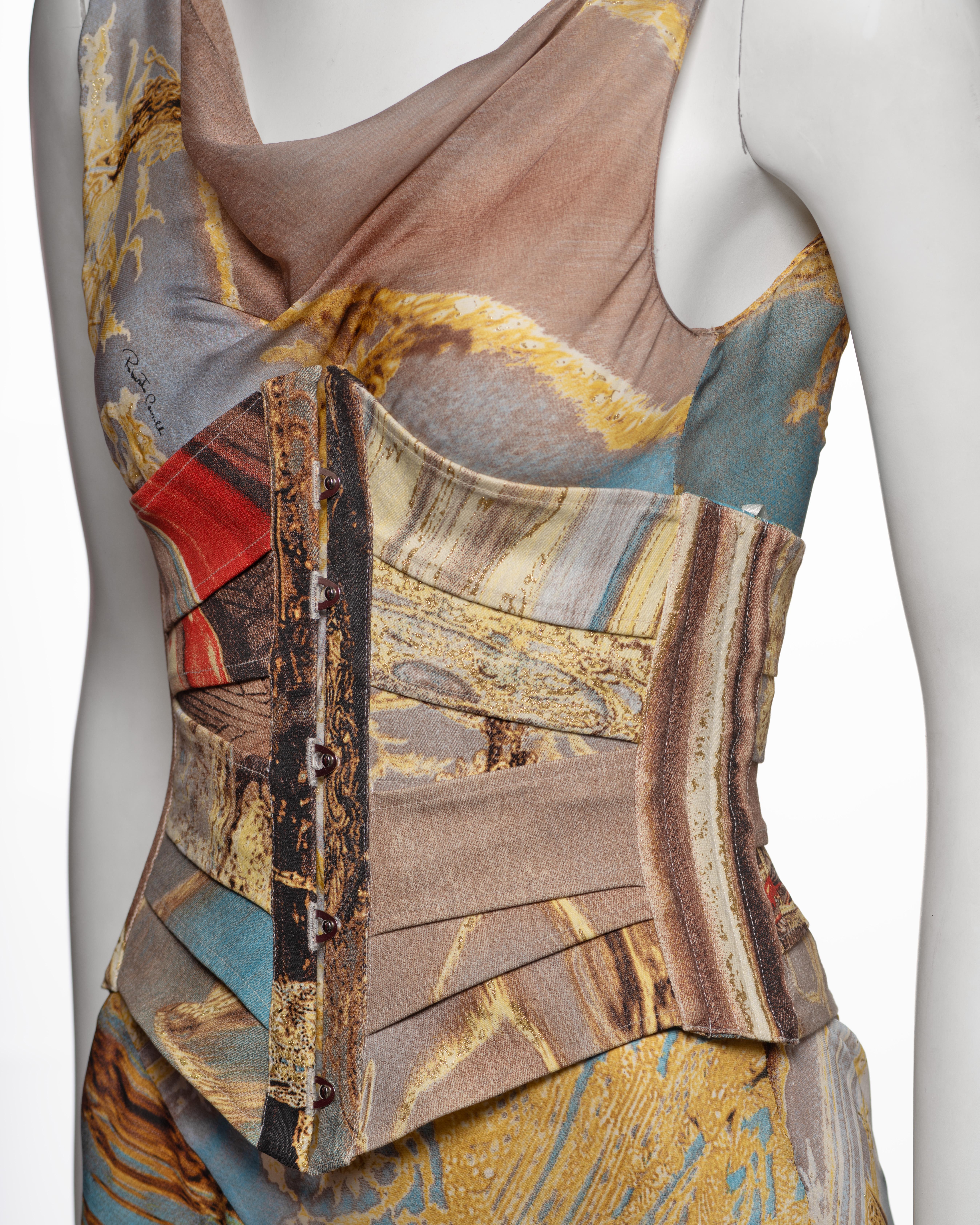 Roberto Cavalli Printed Silk Evening Dress and Corset Runway Look, SS 2003 For Sale 15